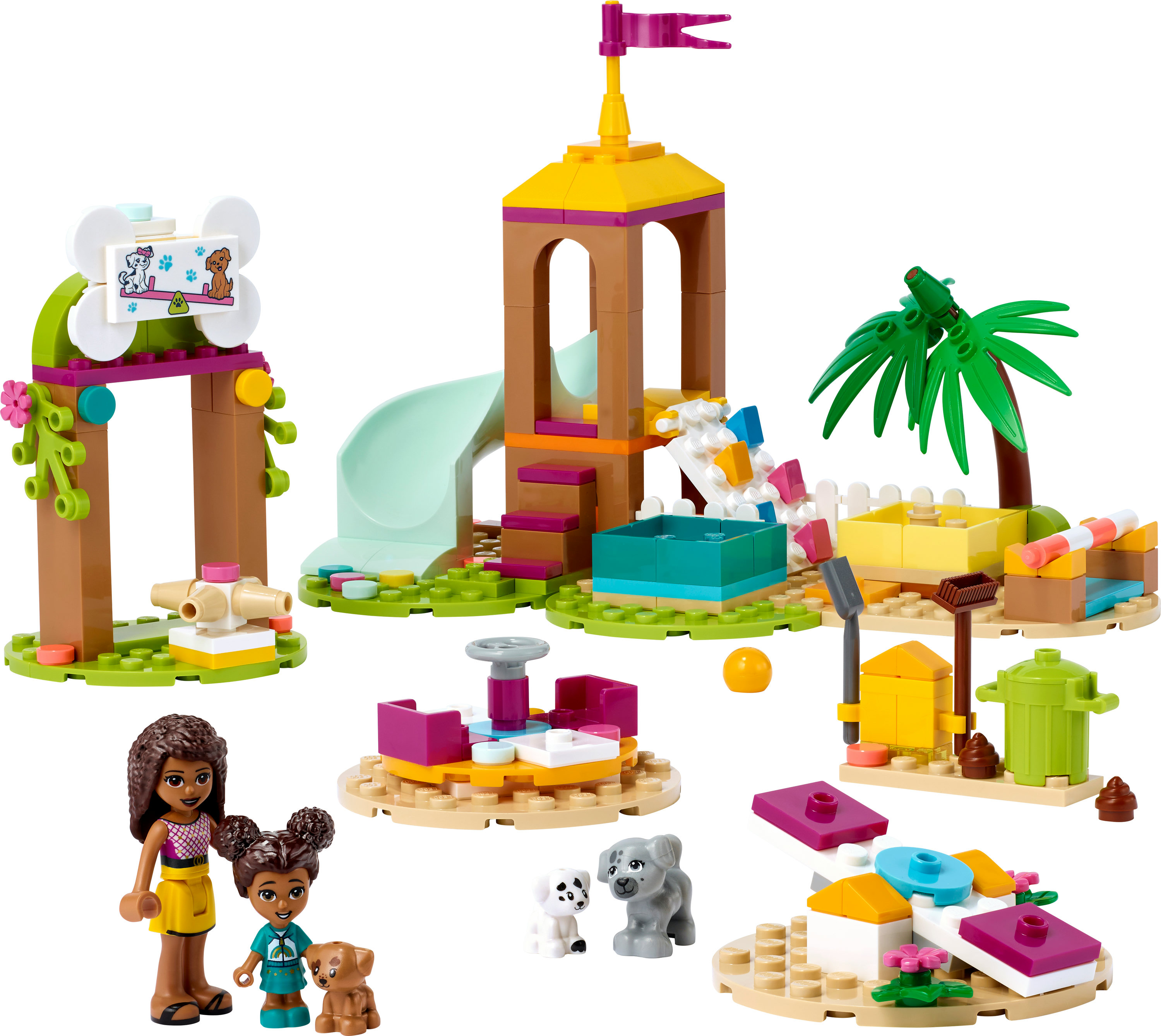 Lego Friends Set mit Spielplatz und Figuren. Enthält Rutsche, Karussell, Schaukel und Figuren.