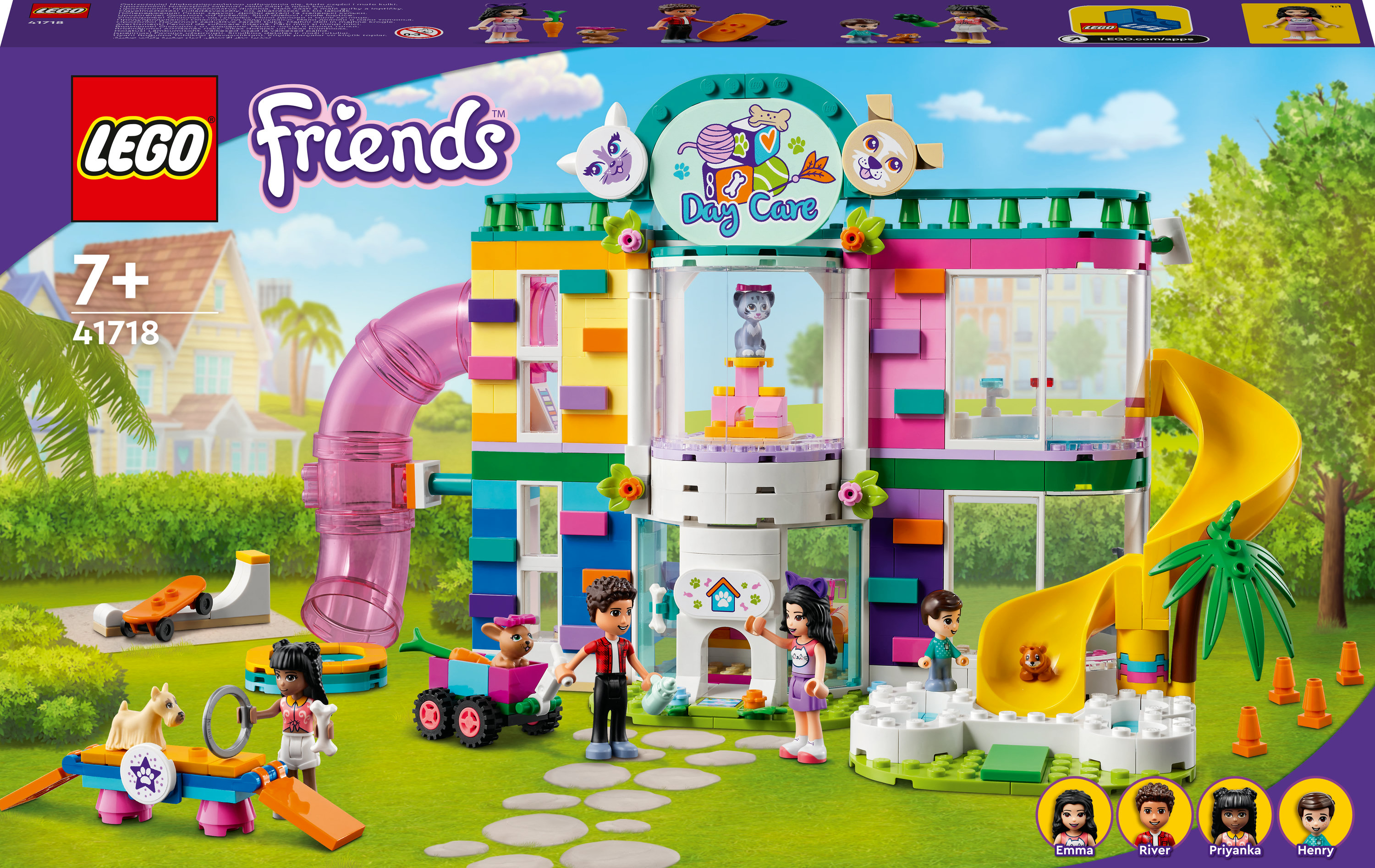 Pudełko zestawu LEGO Friends Day Care z figurkami i budynkiem ze zjeżdżalnią.