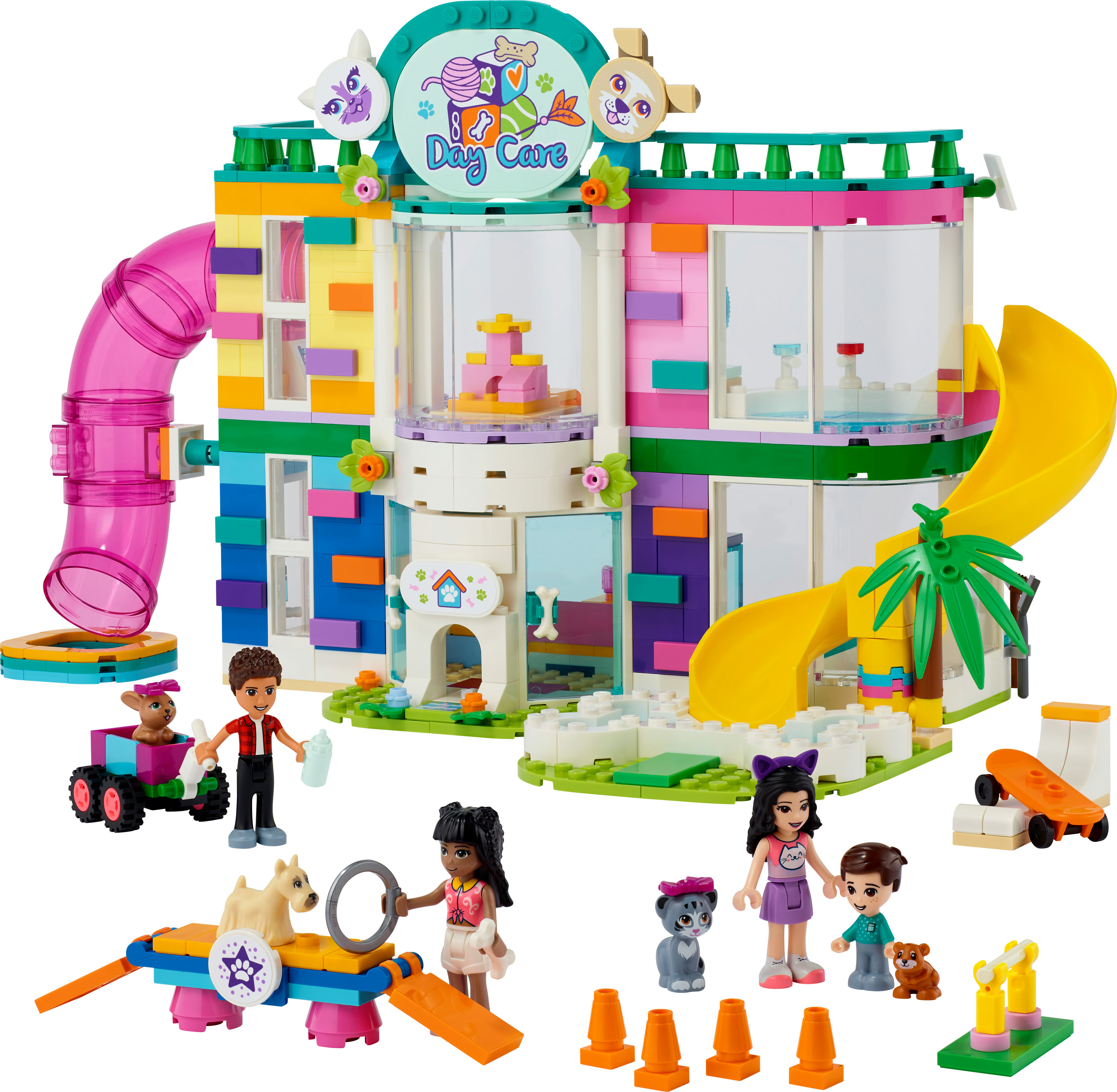 Zestaw LEGO Friends Day Care z budynkami, figurkami i akcesoriami, ułożonymi na białym tle.