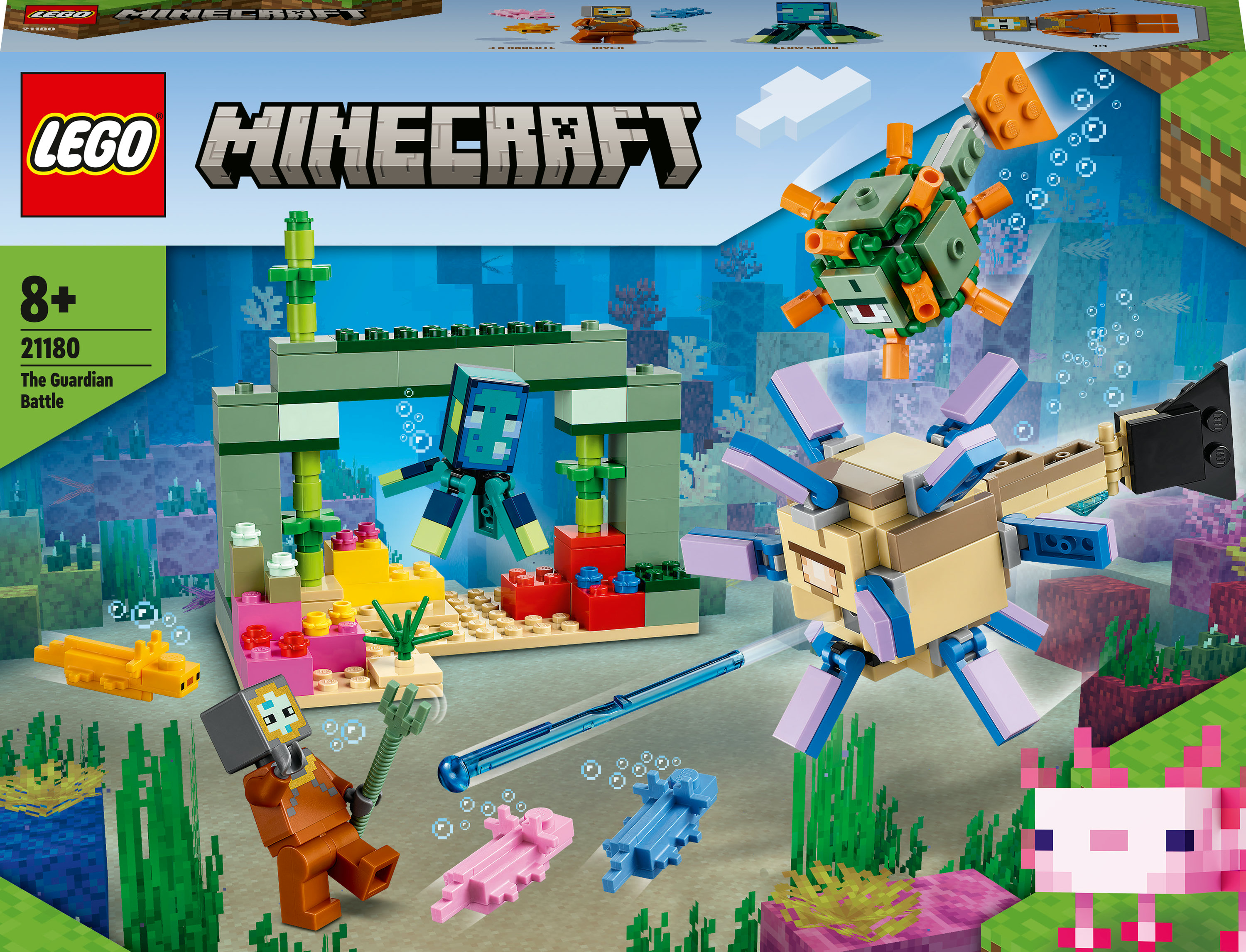 Ein LEGO Minecraft Set mit einem Wächter, einem Gebäude und verschiedenen Minecraft-Figuren.