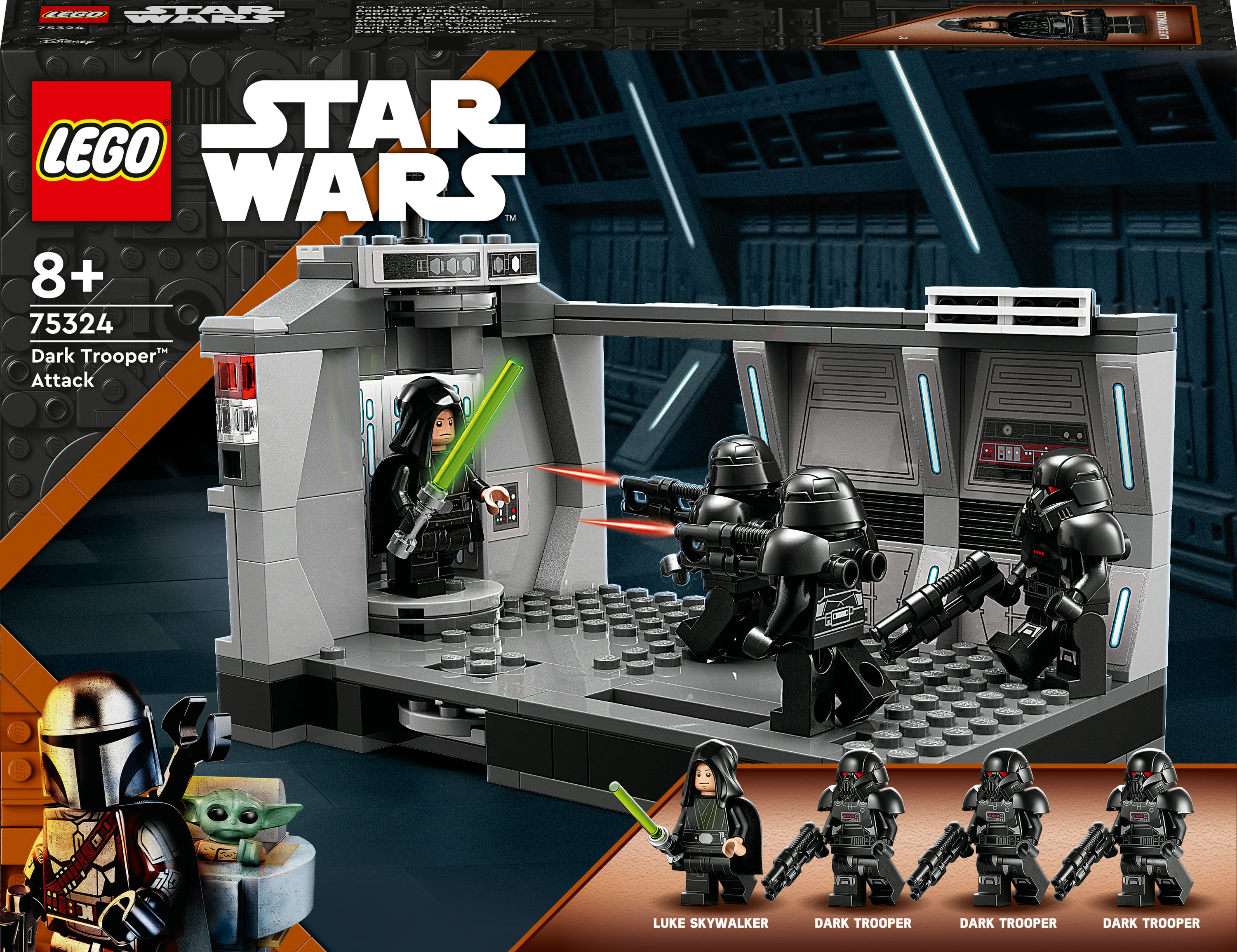 LEGO Star Wars Set. Darth Vader und dunkle Sturmtruppen in einer grauen Szene. Zusätzliche Figuren unten.
