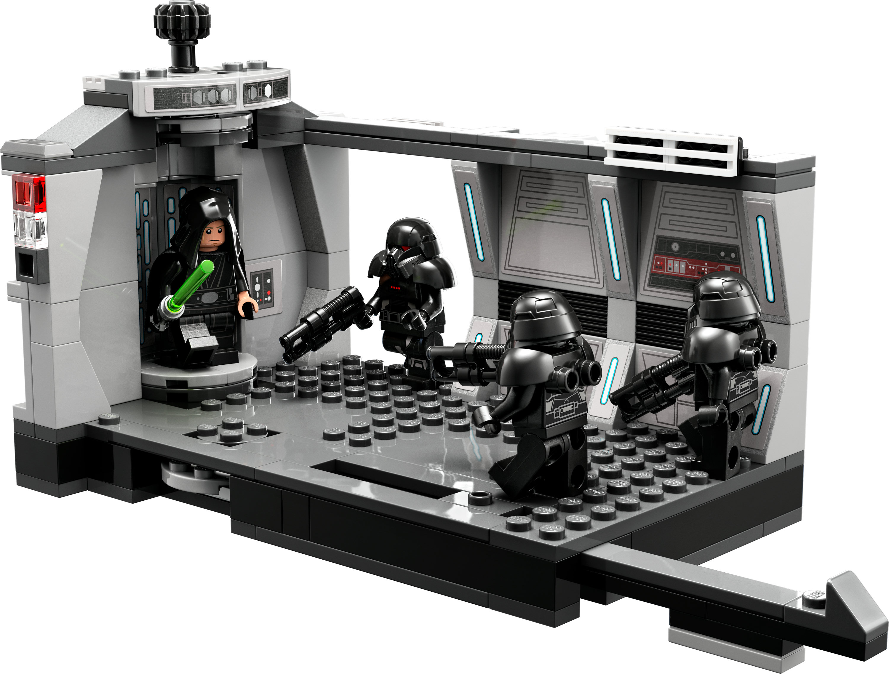 LEGO Star Wars Set: Eine dunkle Figur mit grünem Lichtschwert, drei Figuren und ein Raumschiffinnenraum.