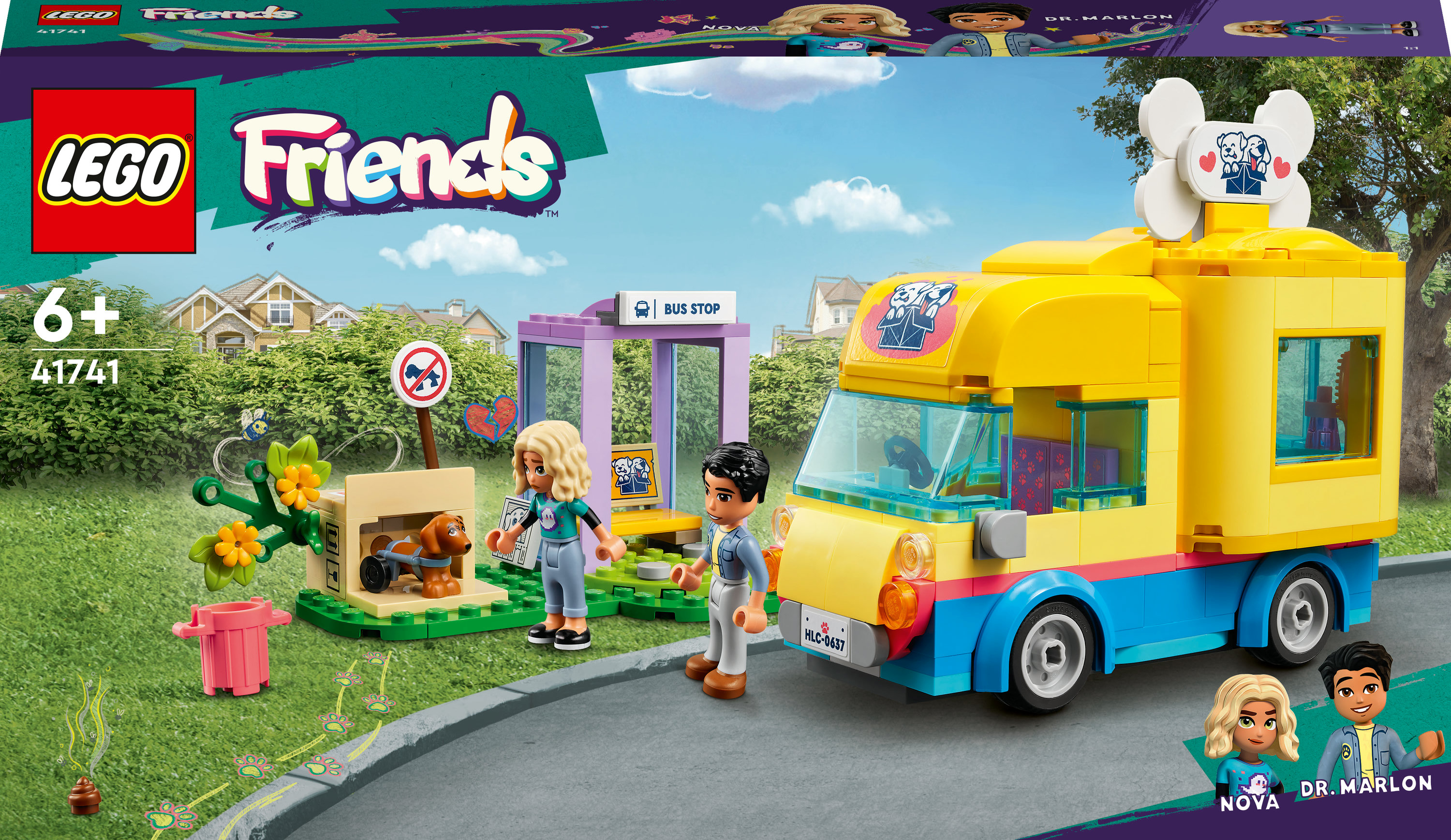 Set Lego Friends: un furgone veterinario giallo, una cuccia e minifigure in una scena suburbana su sfondo bianco.