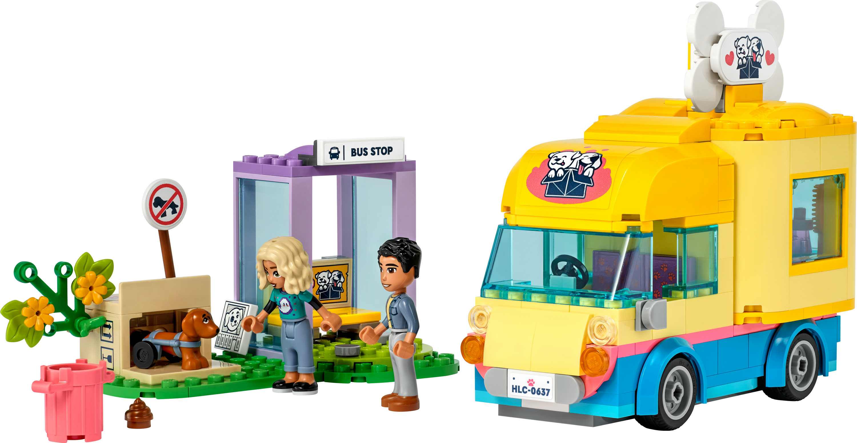 Set Lego Friends. Include un furgone per toelettatura cani, una fermata dell'autobus e personaggi. Su sfondo bianco.