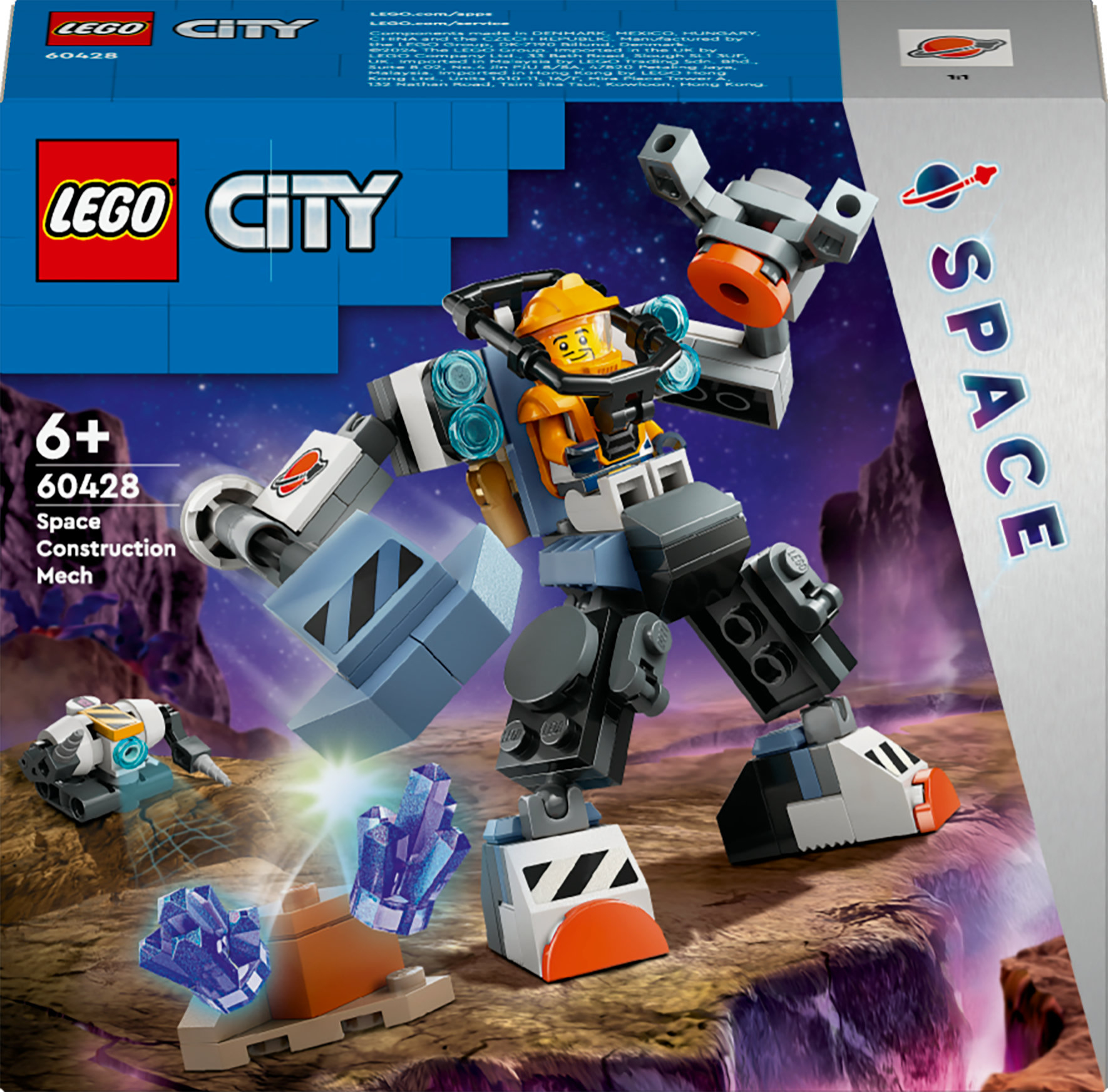 Lego City Uzay İnşaat Mekaniği seti. Bir mekanik zırh, küçük bir araç ve kristalleri içerir.