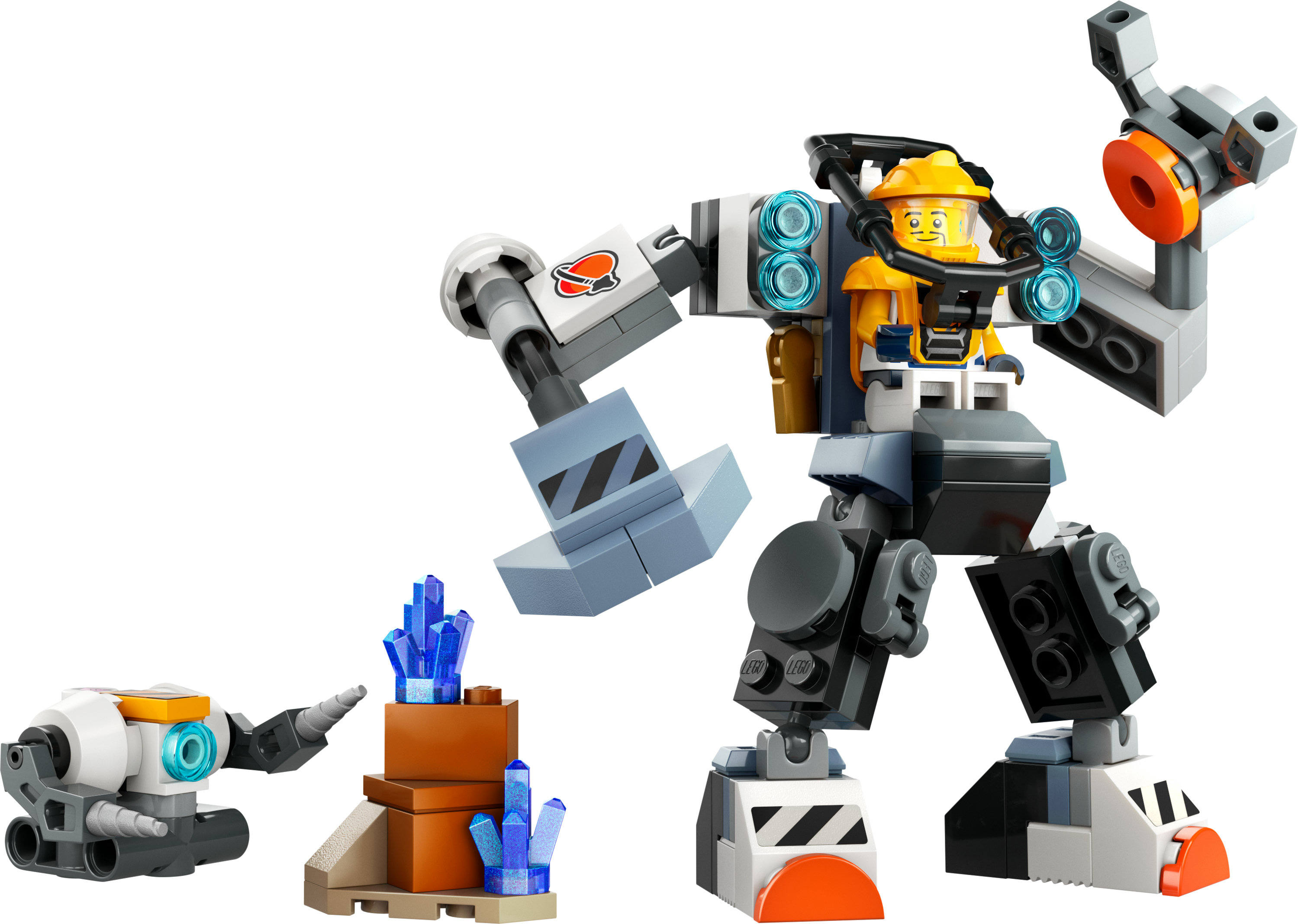 Lego City seti: Bir matkap ve robotla bir madenci, kristallerle bir mekanik zırh içinde.