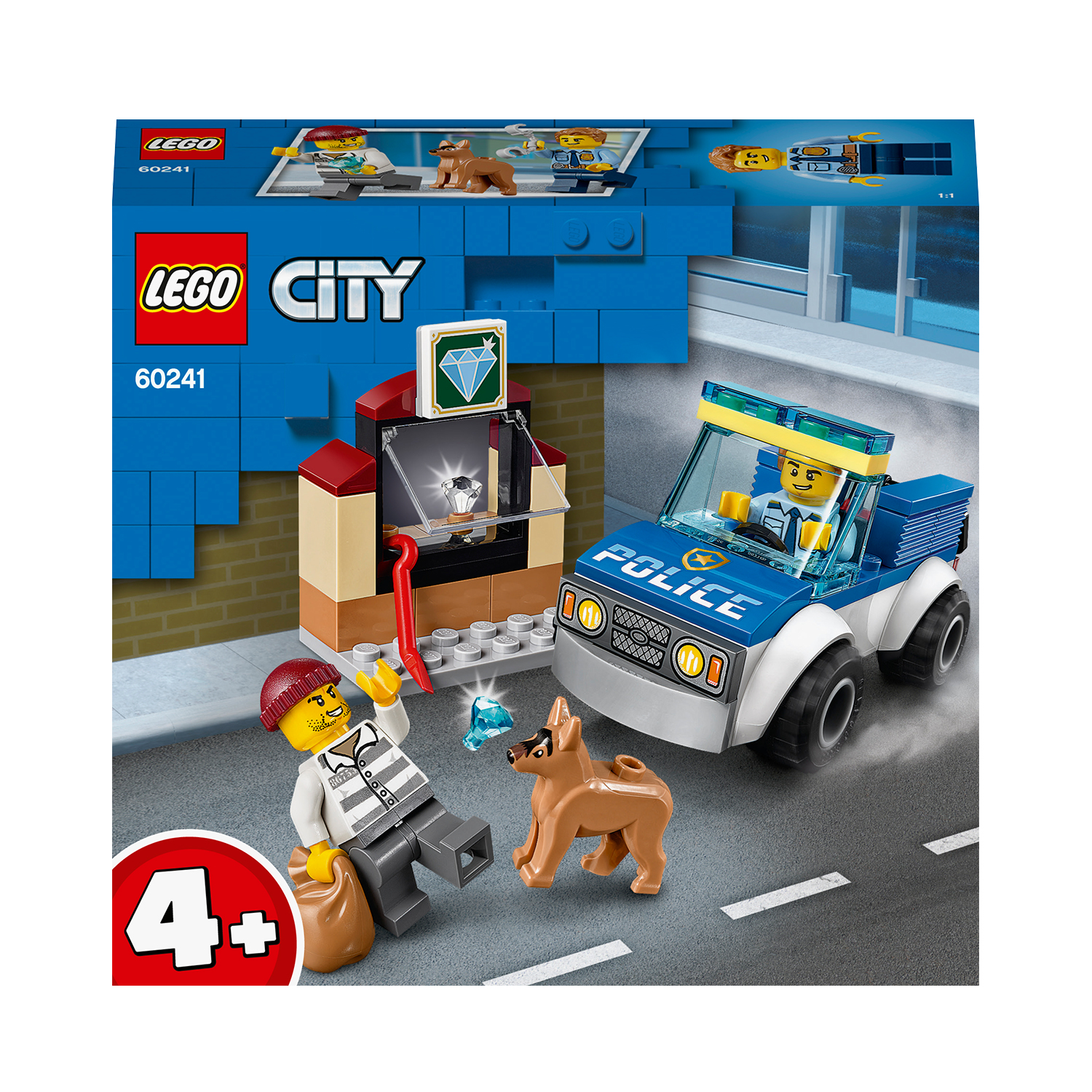 Ein LEGO City Set mit Polizeiauto, Räuber, Diamant und Hund auf einer Straßenszene.