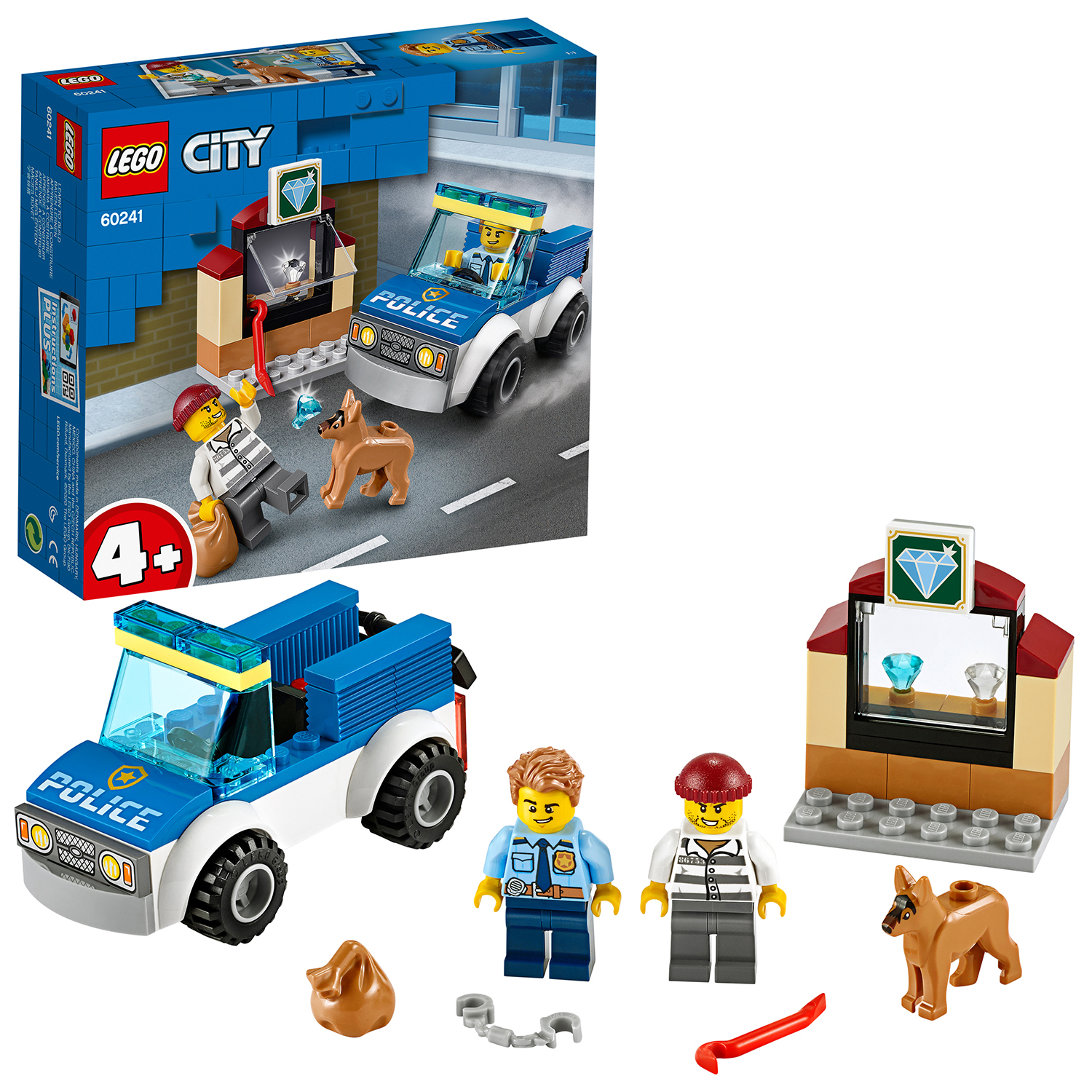 LEGO City Set: Ein Polizeiwagen, ein Juweliergeschäft, zwei Figuren, ein Hund und Zubehör.