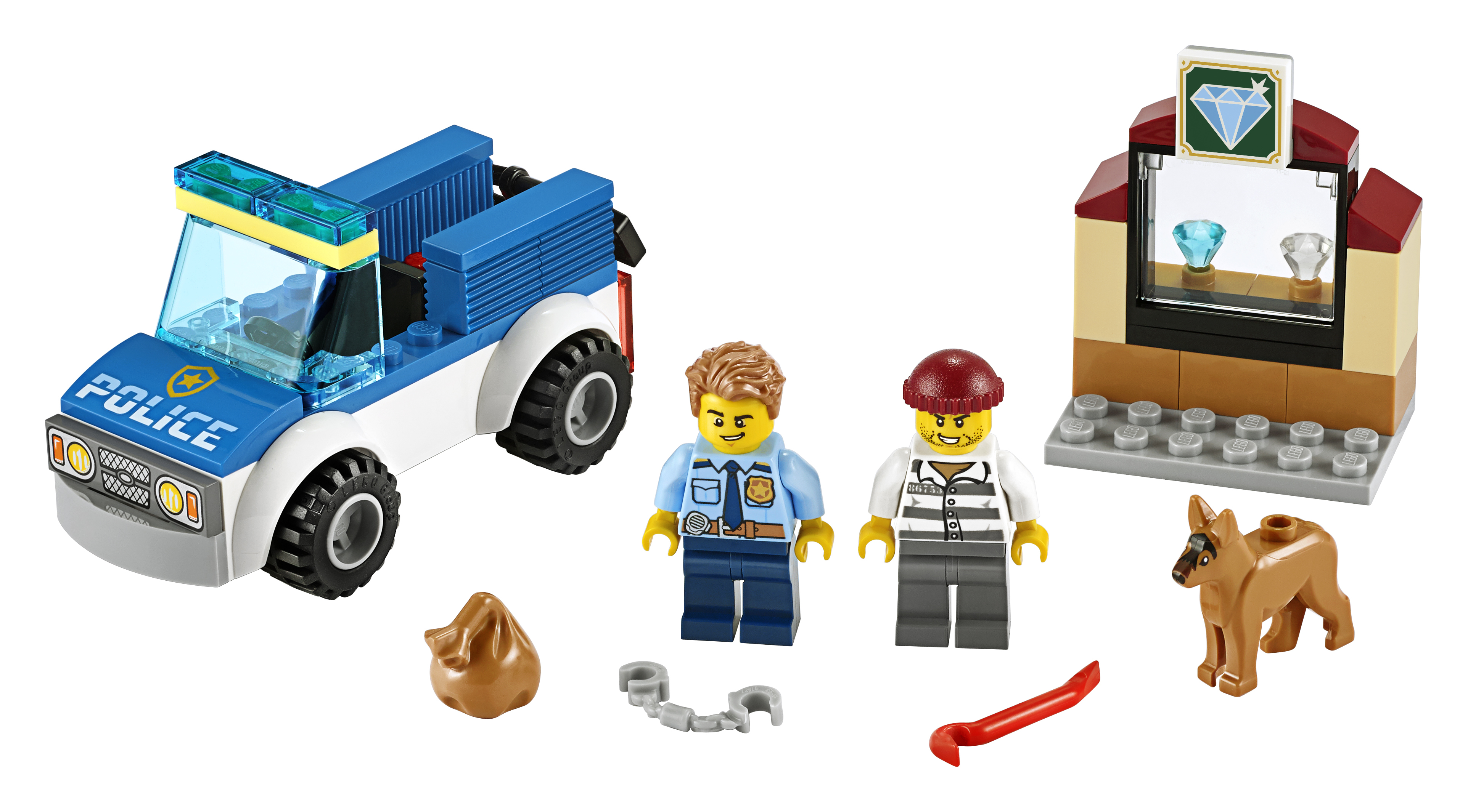 Lego City Set mit Polizeiauto, Geschäft mit Diamanten, Räuber und Hund.