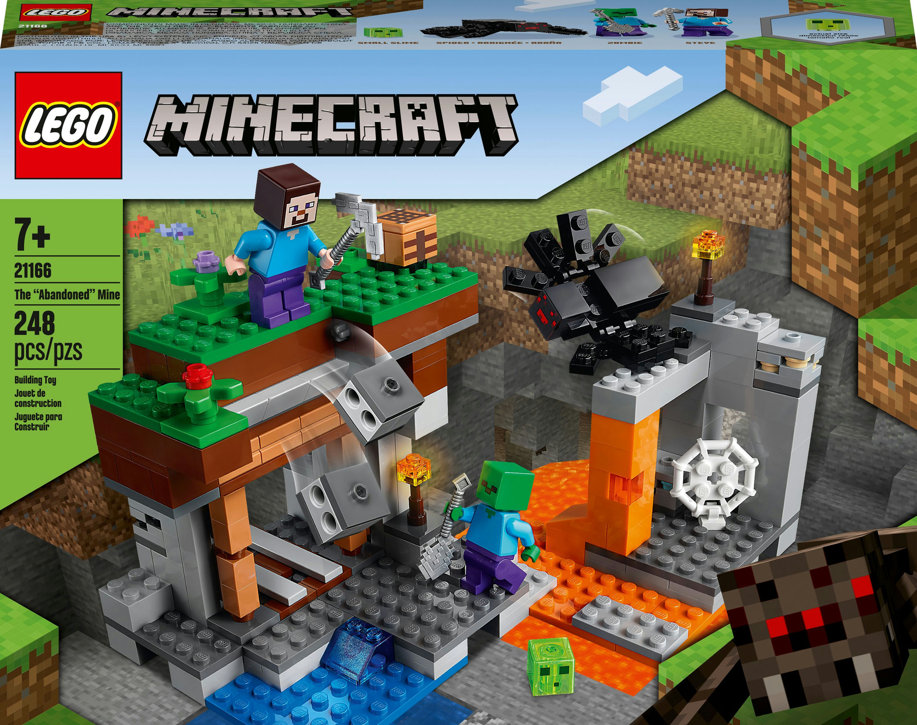 Zestaw Lego Minecraft przedstawia scenę kopalni z figurkami, lawą i pająkiem. Pudełko w tle.
