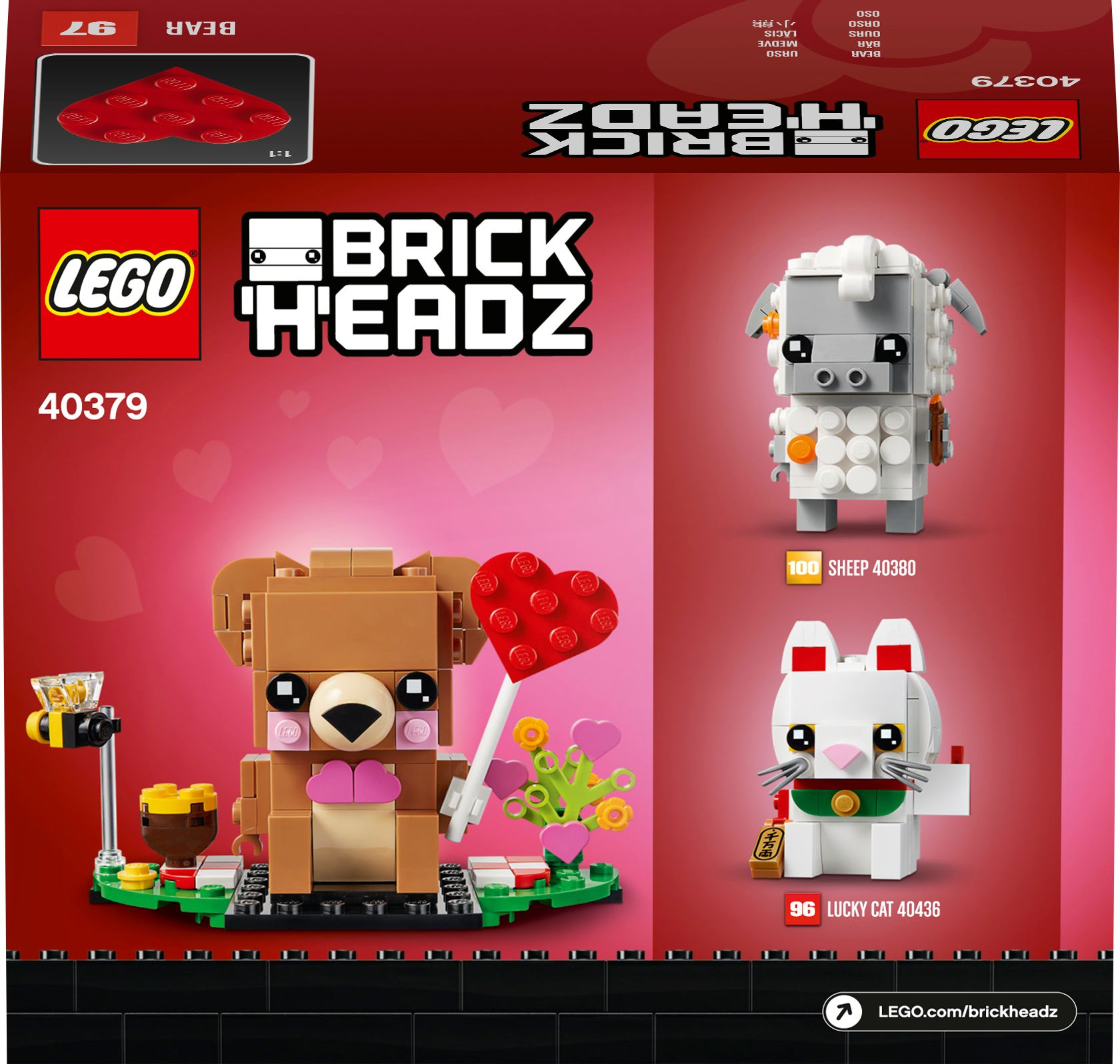 Lego BrickHeadz set with bear holding heart, sheep, and cat figures.