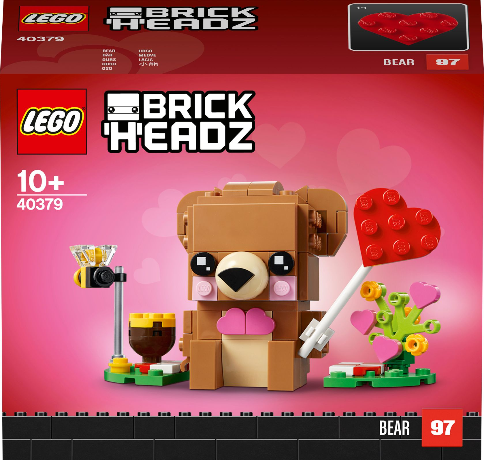 Lego BrickHeadz bear set with a bear figure, a honey pot, and a heart-shaped lollipop.