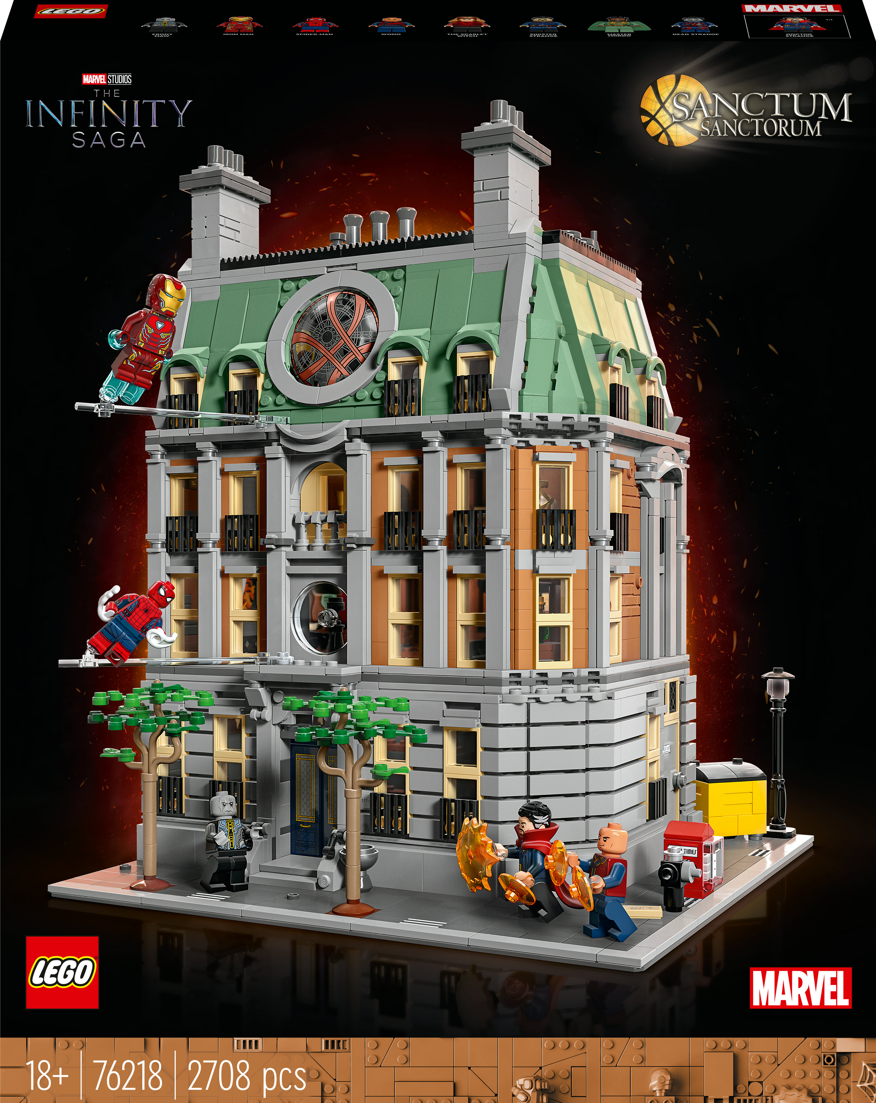 Lego Marvel Sanctum Sanctorum. Szczegółowy budynek z figurkami Iron Mana i Spider-Mana.