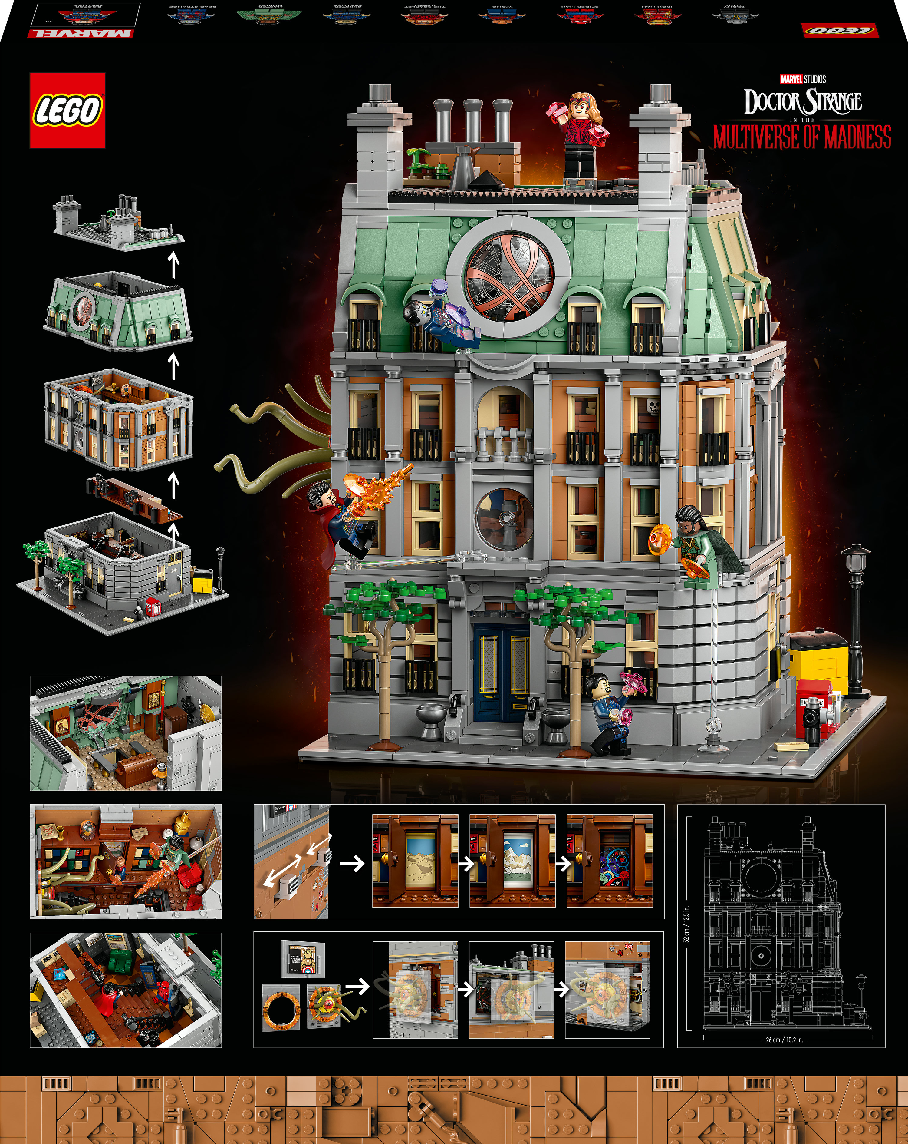 Zestaw Lego przedstawiający Sanctum Sanctorum Doktora Strange'a. Szczegółowy budynek, wiele poziomów, figurki.