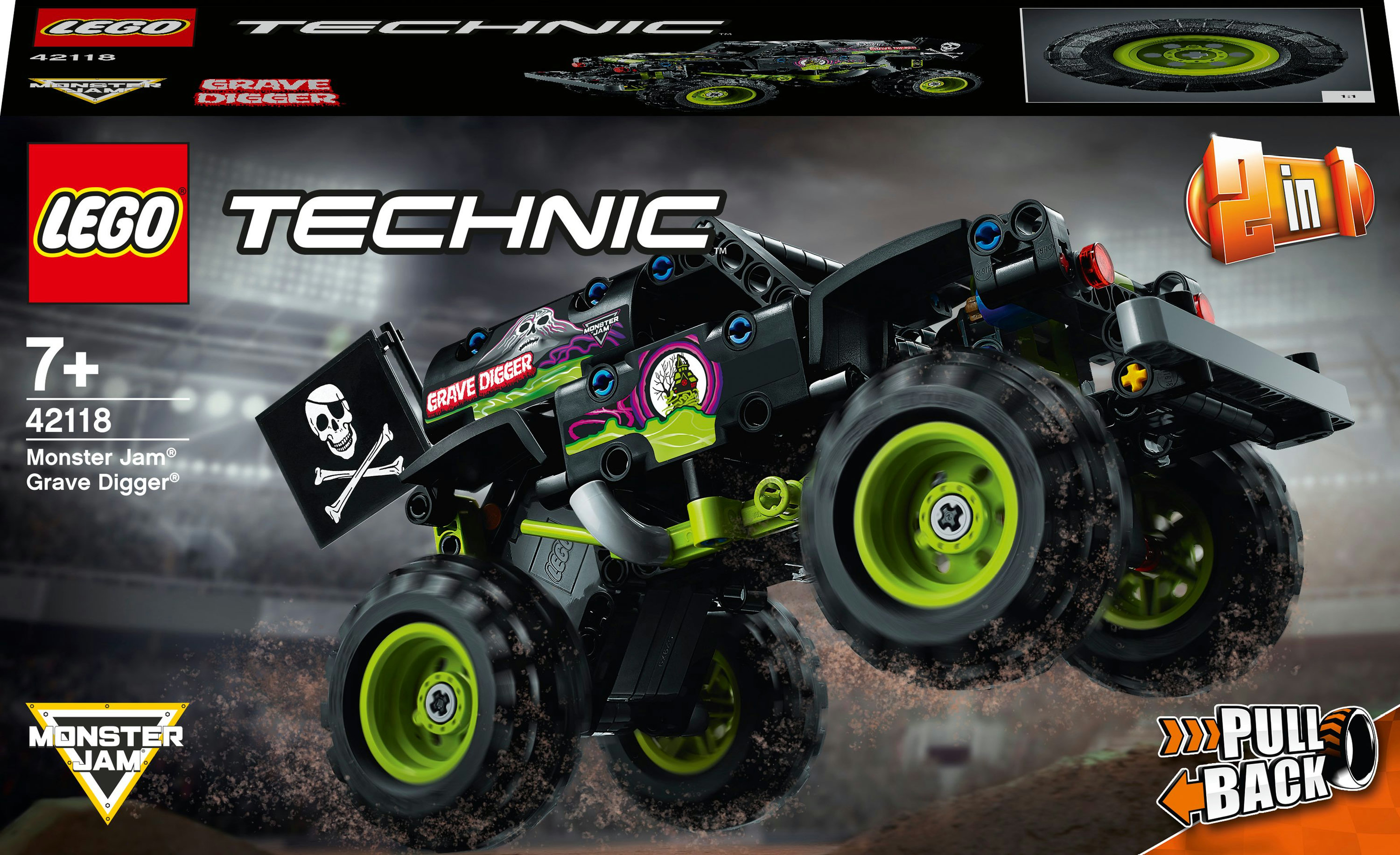LEGO Technic Grave Digger canavar kamyonu. Siyah, yeşil ve beyaz. Kutu arka planda.