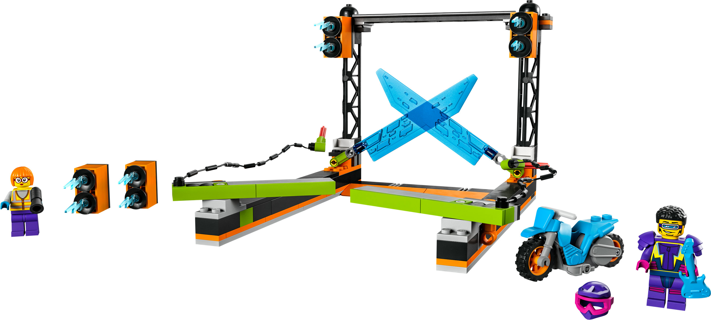 LEGO Set mit Motorrad, Figuren, Lautsprechern und einer Bühne mit Lichtern. Grün, orange und blau.