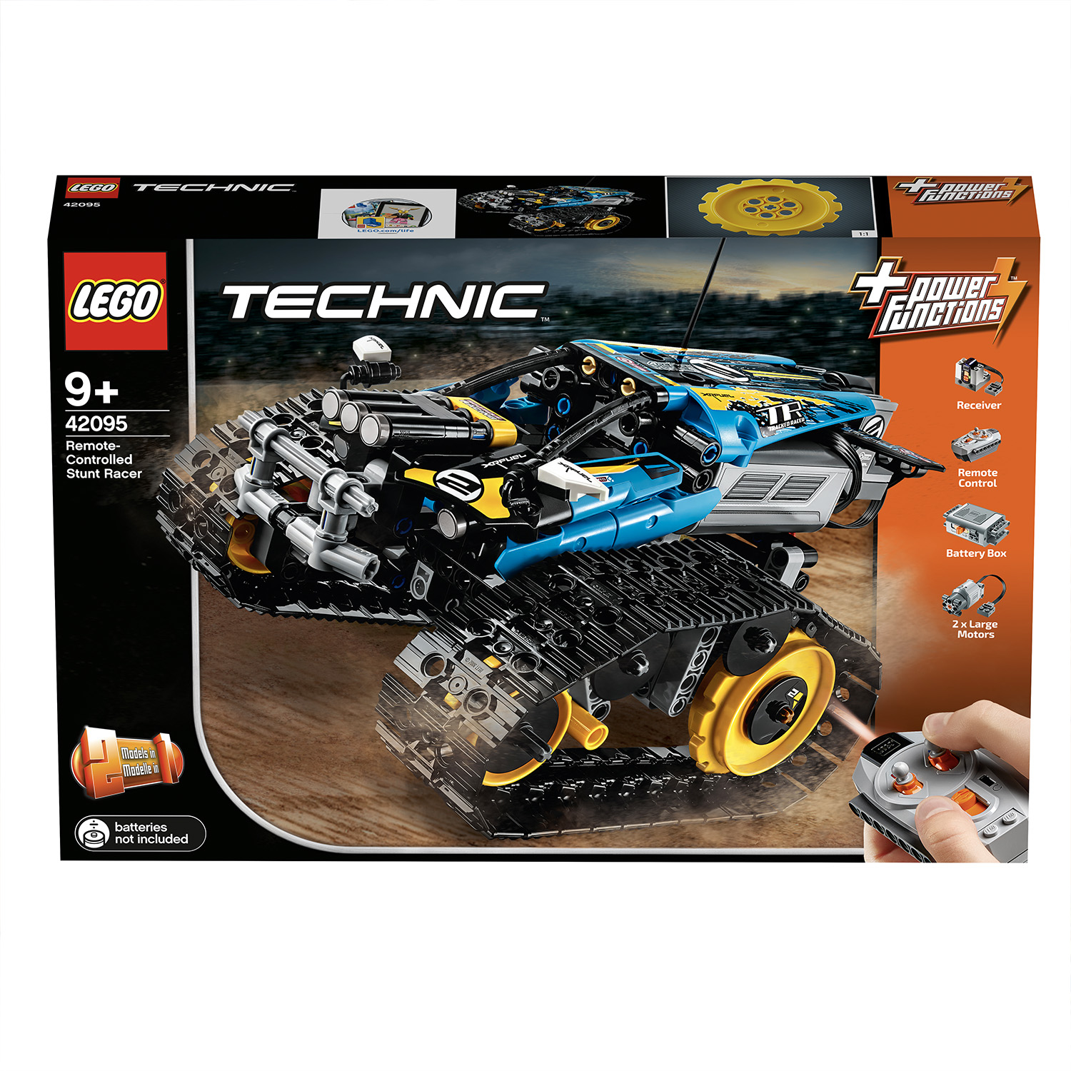 Una scatola Lego Technic che mostra un'auto da corsa acrobatica blu e gialla telecomandata.