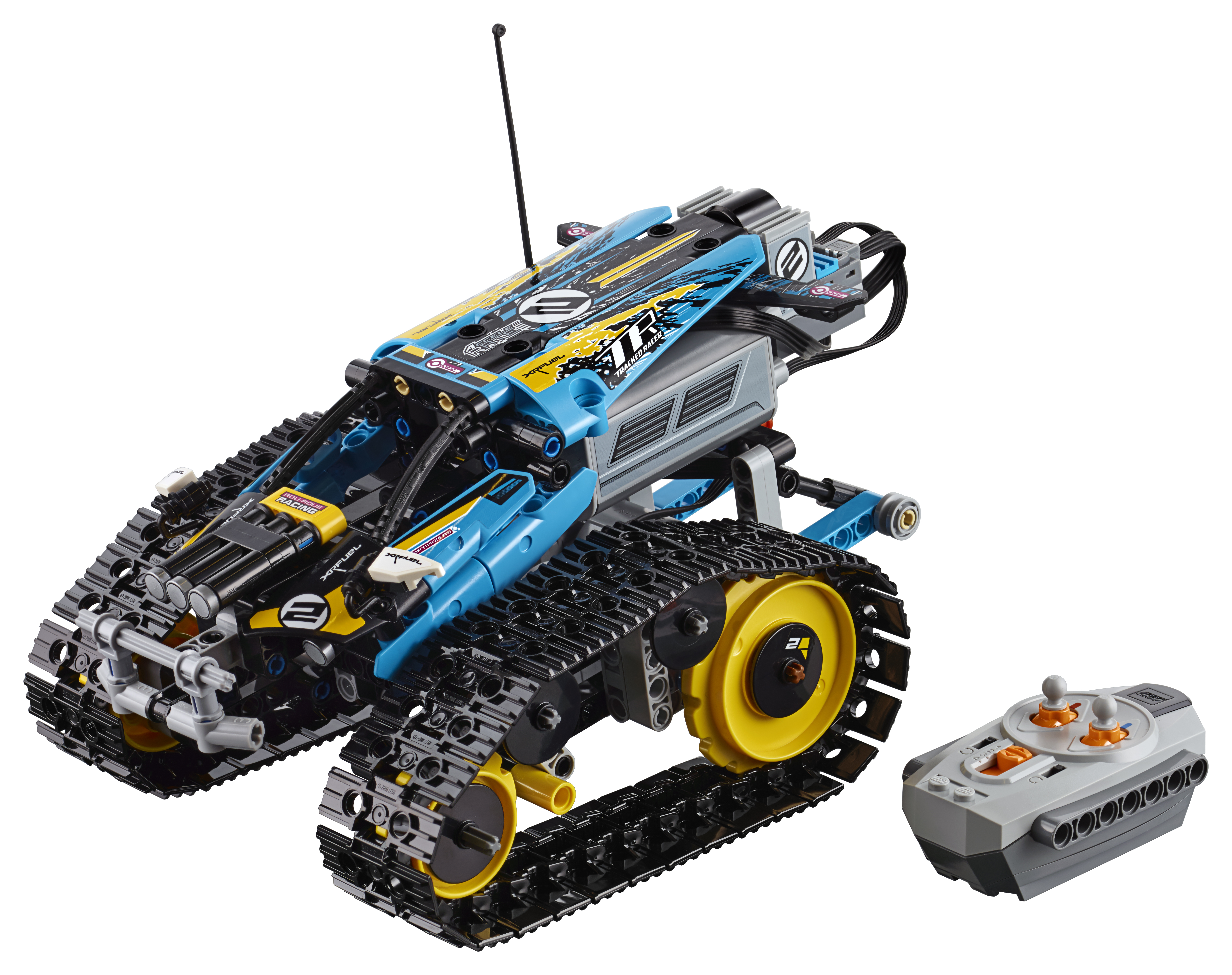 Lego Technic racer cingolato. Un veicolo blu e nero con telecomando. Su sfondo bianco.
