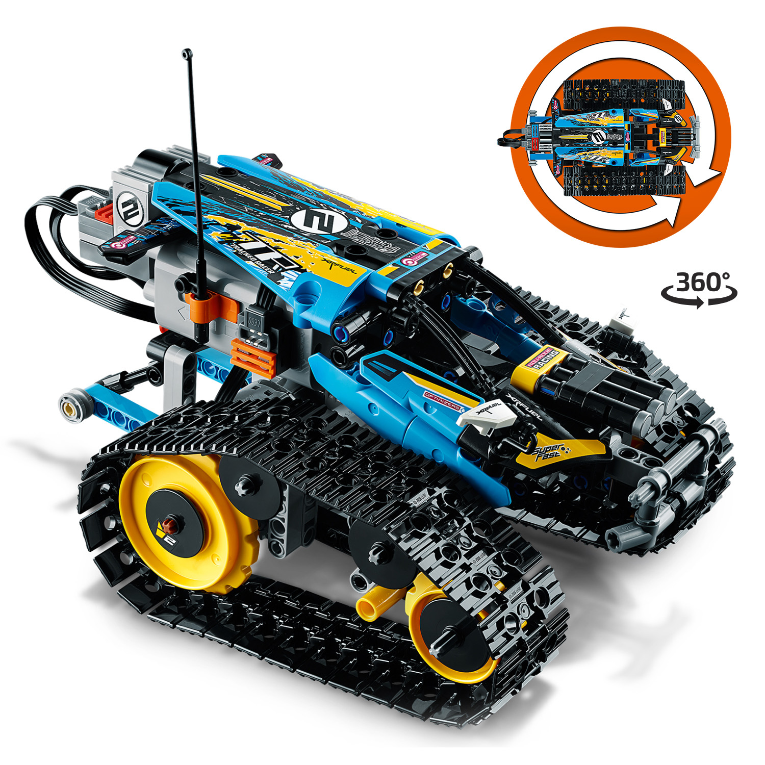 Un modello di auto Lego Technic con cingoli, dettagli blu e gialli.