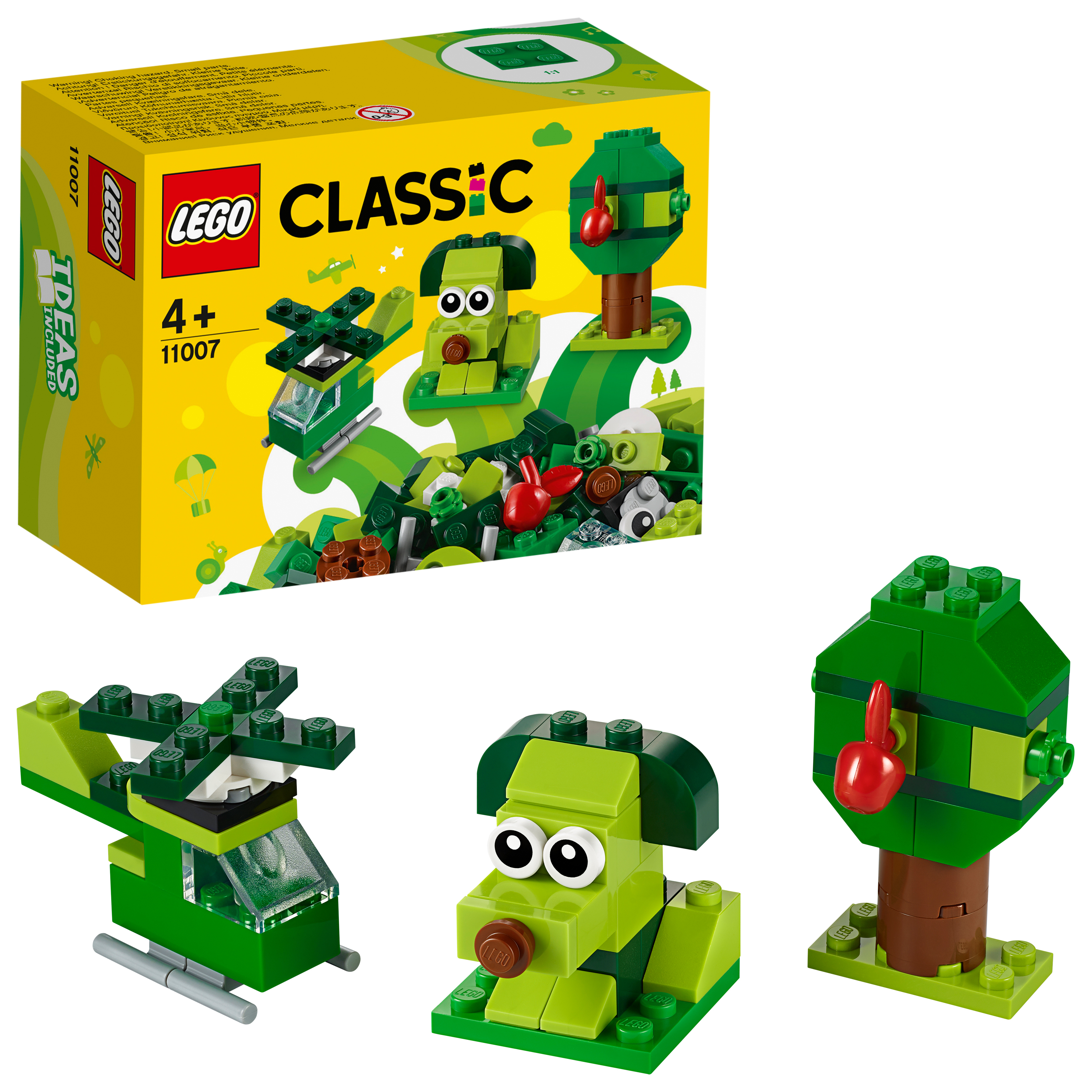 Set LEGO Classic con diversi modelli verdi: un elicottero, un cane e un albero. Il set è in una scatola gialla.