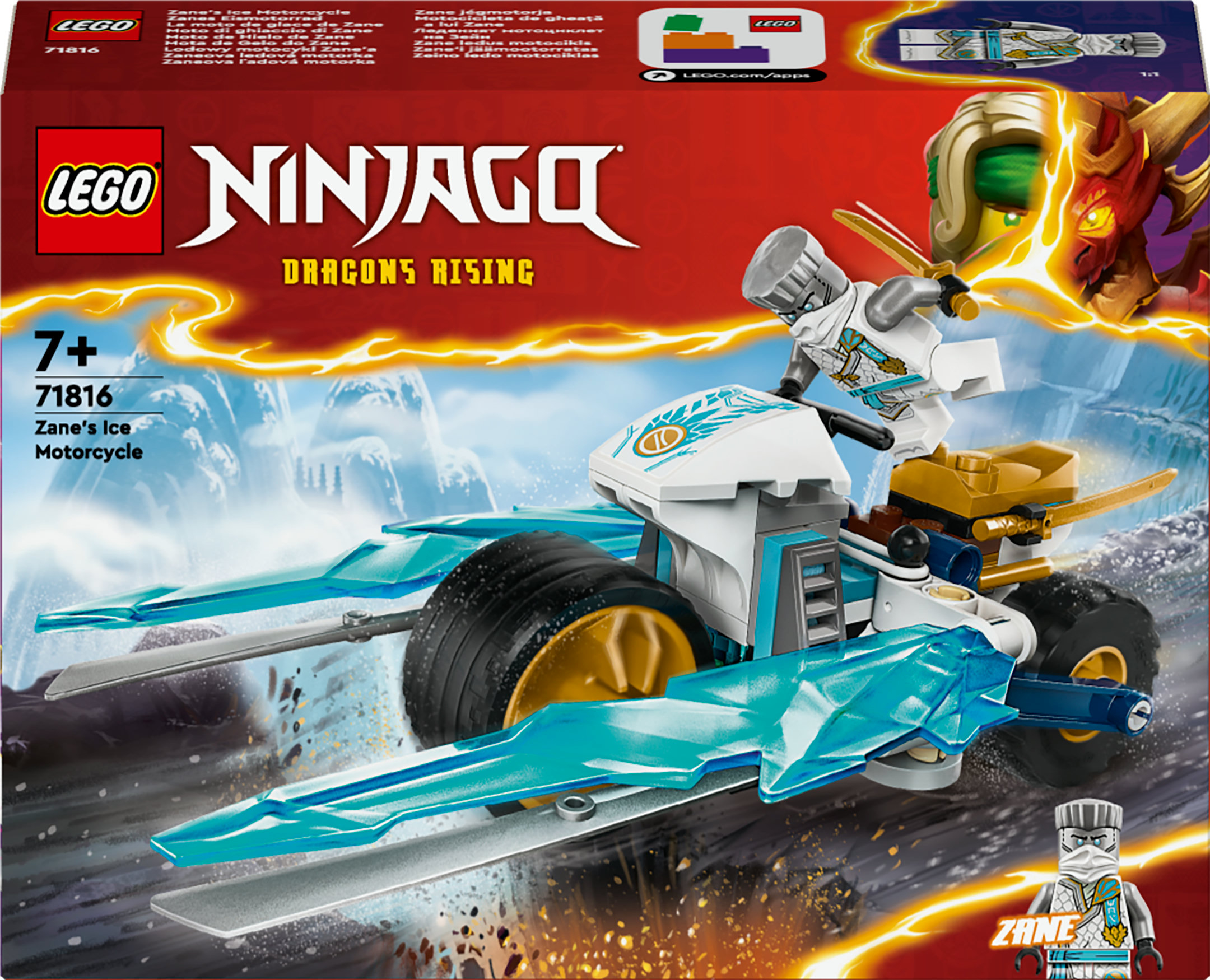 Eine Lego Ninjago Box mit einem Bild eines Motorrads und eines Ninjas darauf.