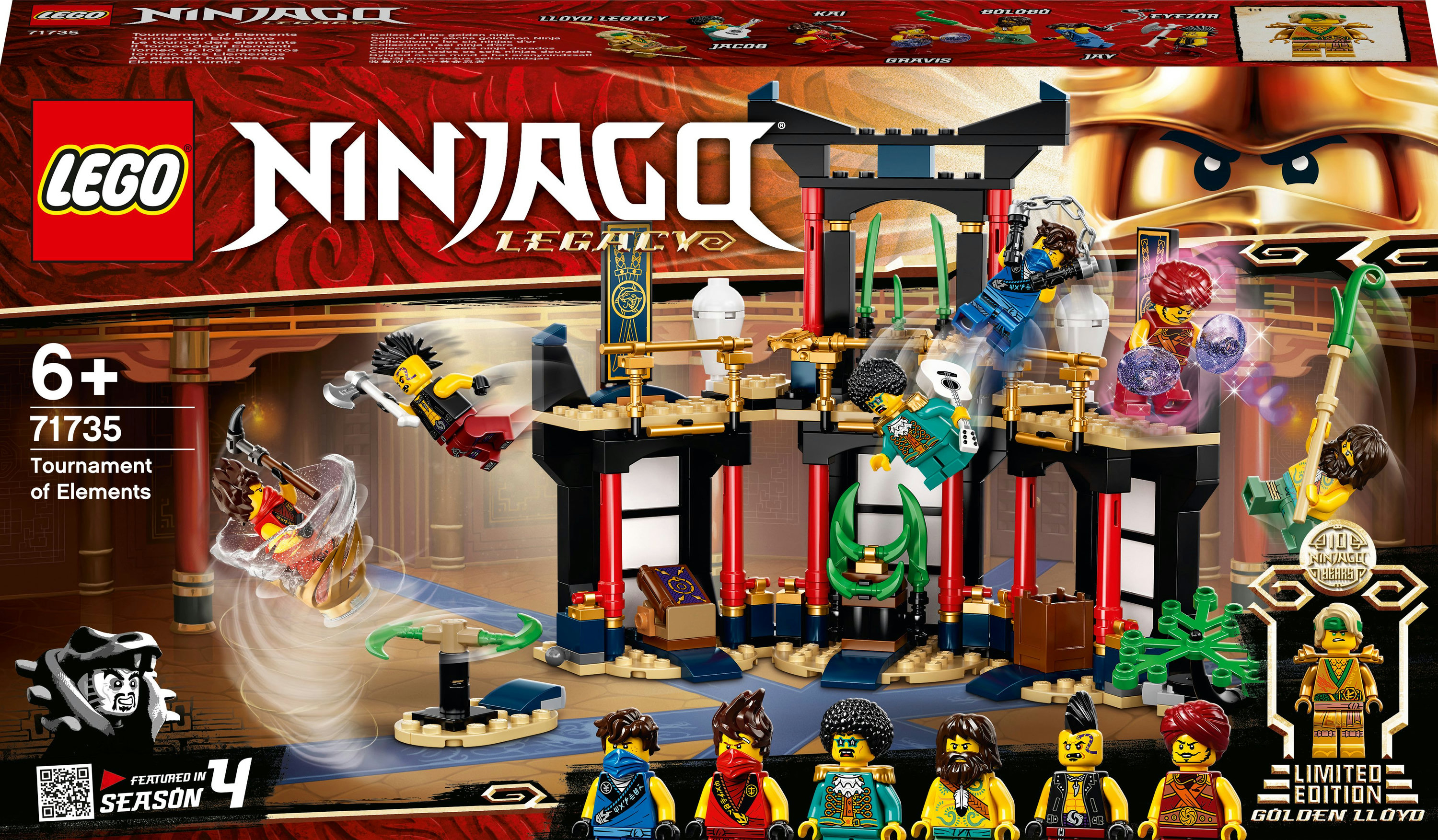 Scatola del set Lego Ninjago che mostra una scena del tempio con minifigure e il logo Ninjago.