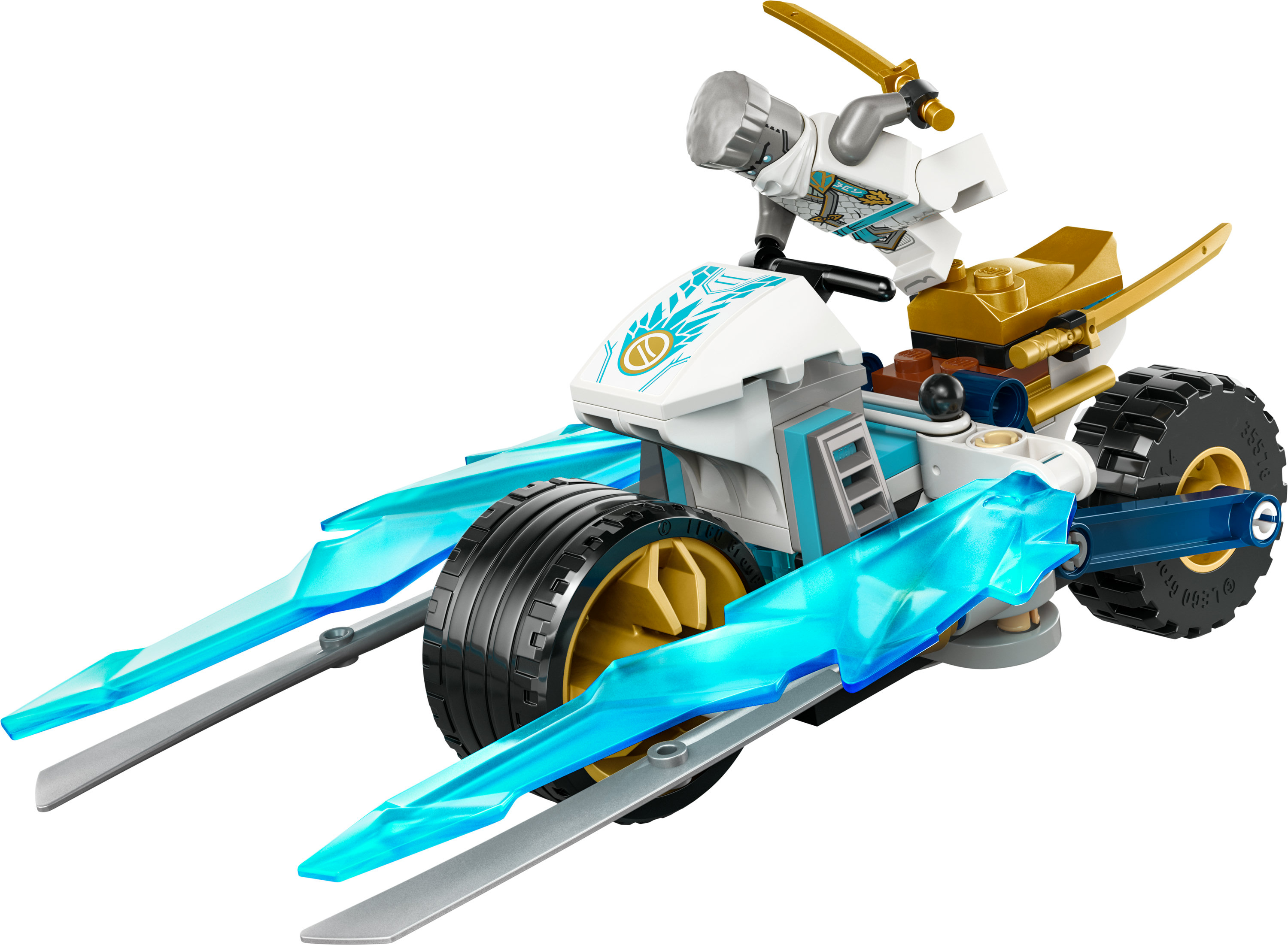 Ein Lego Ninjago Set mit einem weißen Ninja auf einem blau-goldenen Fahrzeug.