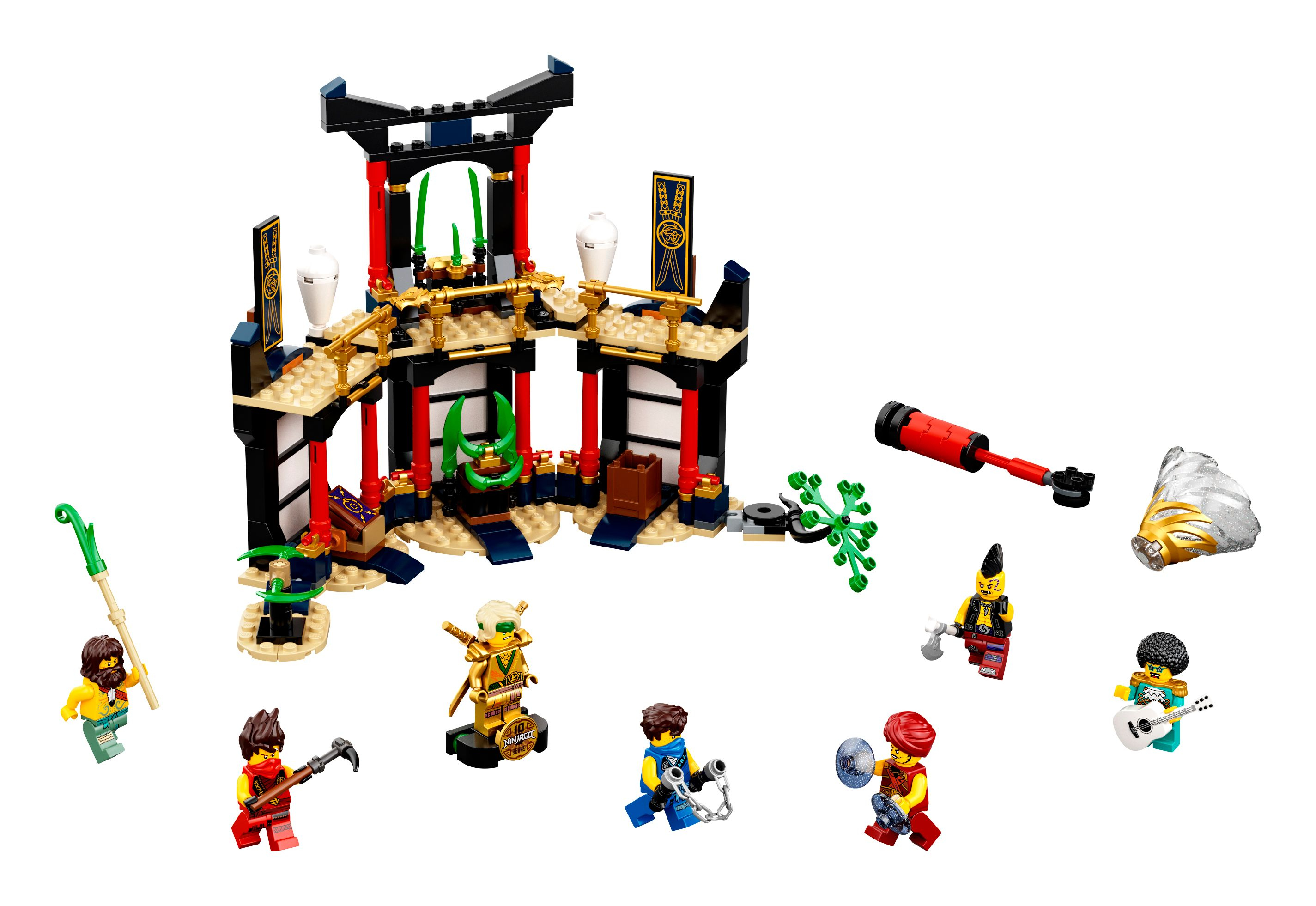 Set Lego Ninjago con personaggi e struttura del tempio. Sfondo bianco.
