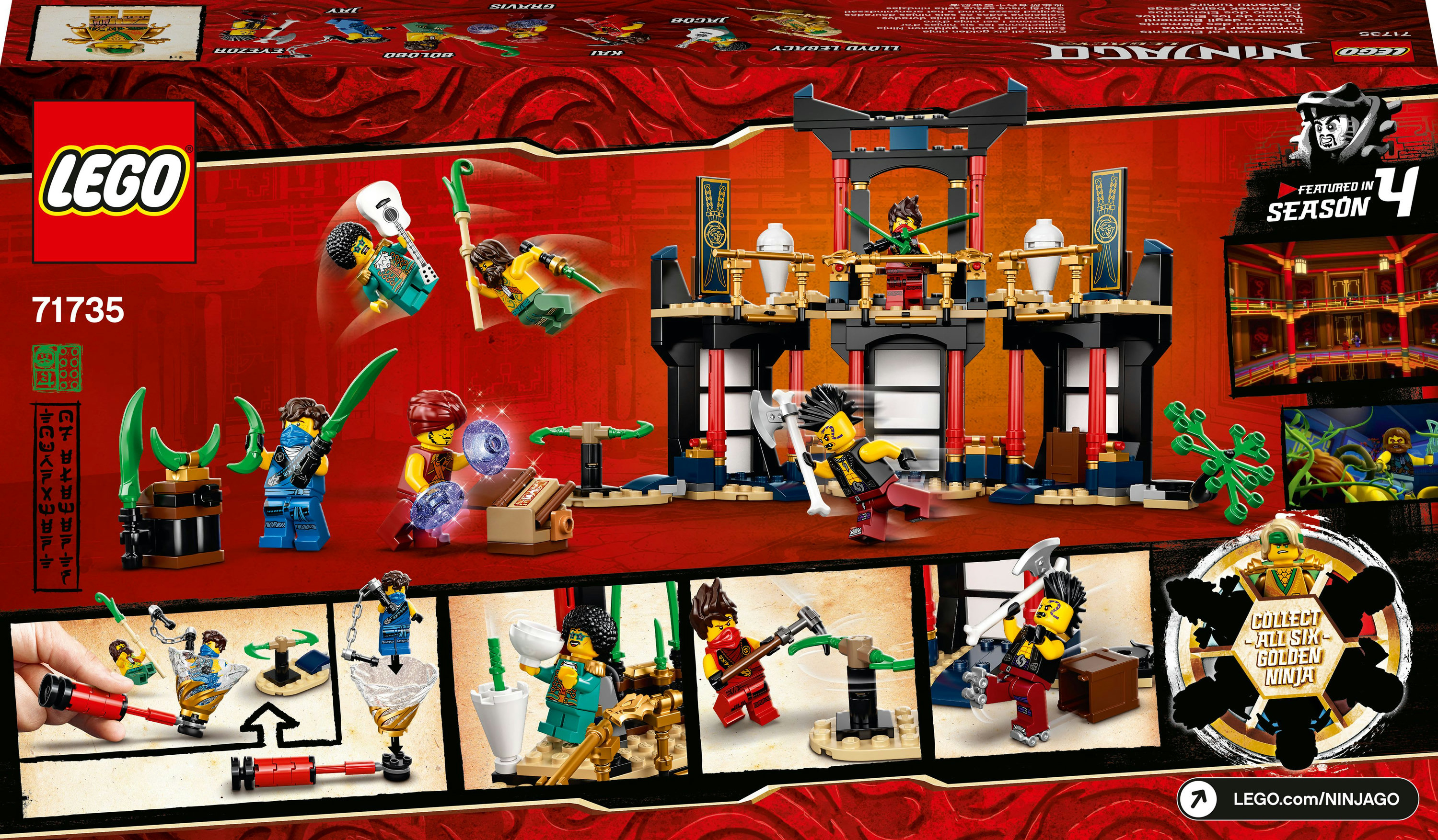 Retro della scatola del set LEGO Ninjago. Mostra personaggi e scene dello show. Istruzioni dettagliate.