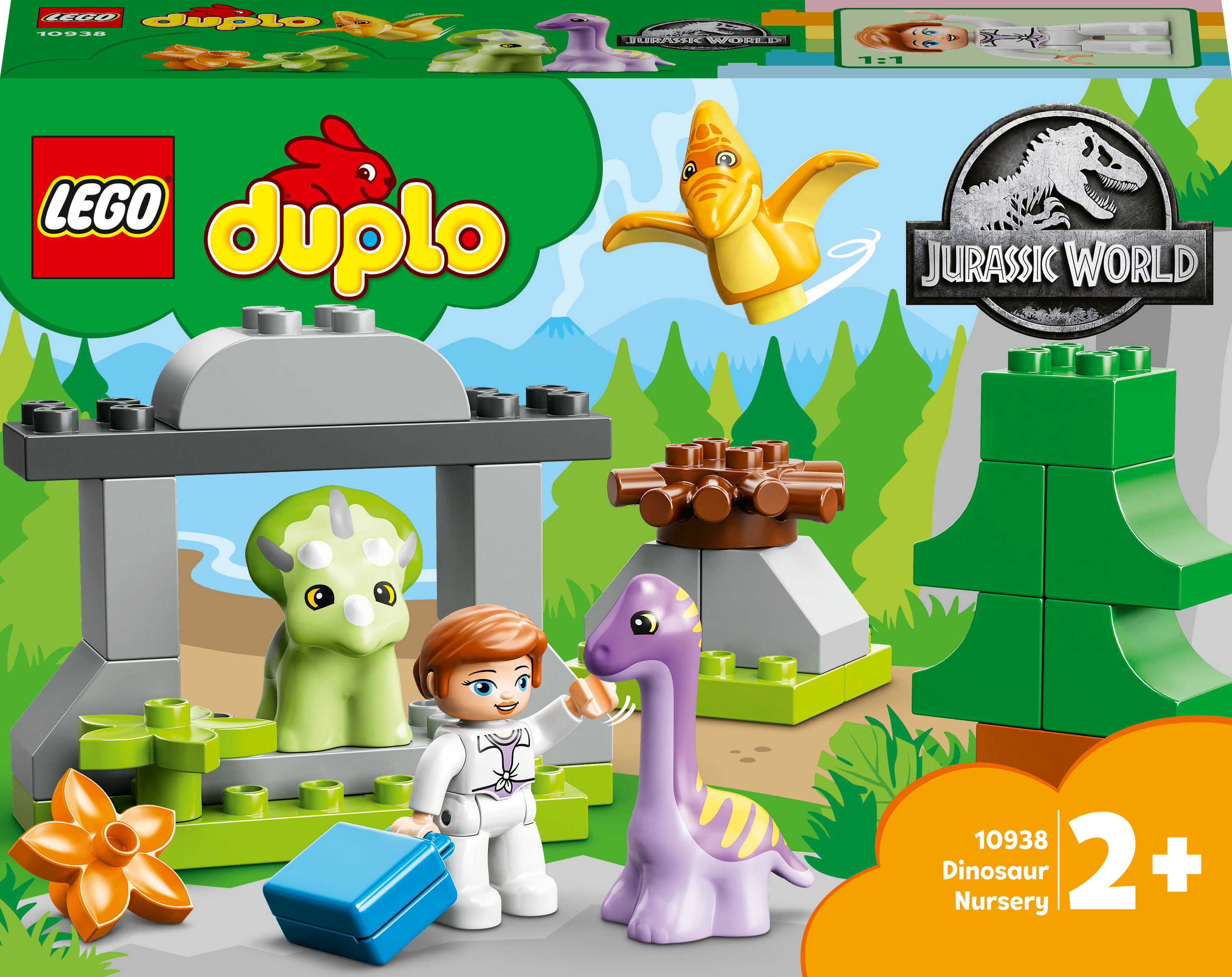 LEGO Duplo Set mit Dinosauriern, Figuren und einer kleinen Struktur. Grün, lila und orange dominieren.
