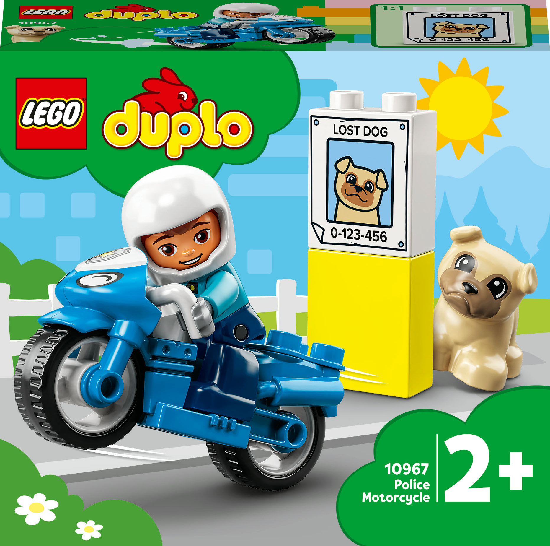 LEGO Duplo set met een jongen op een blauwe motorfiets naast een 'Lost Dog'-bord en een hondenfiguur.