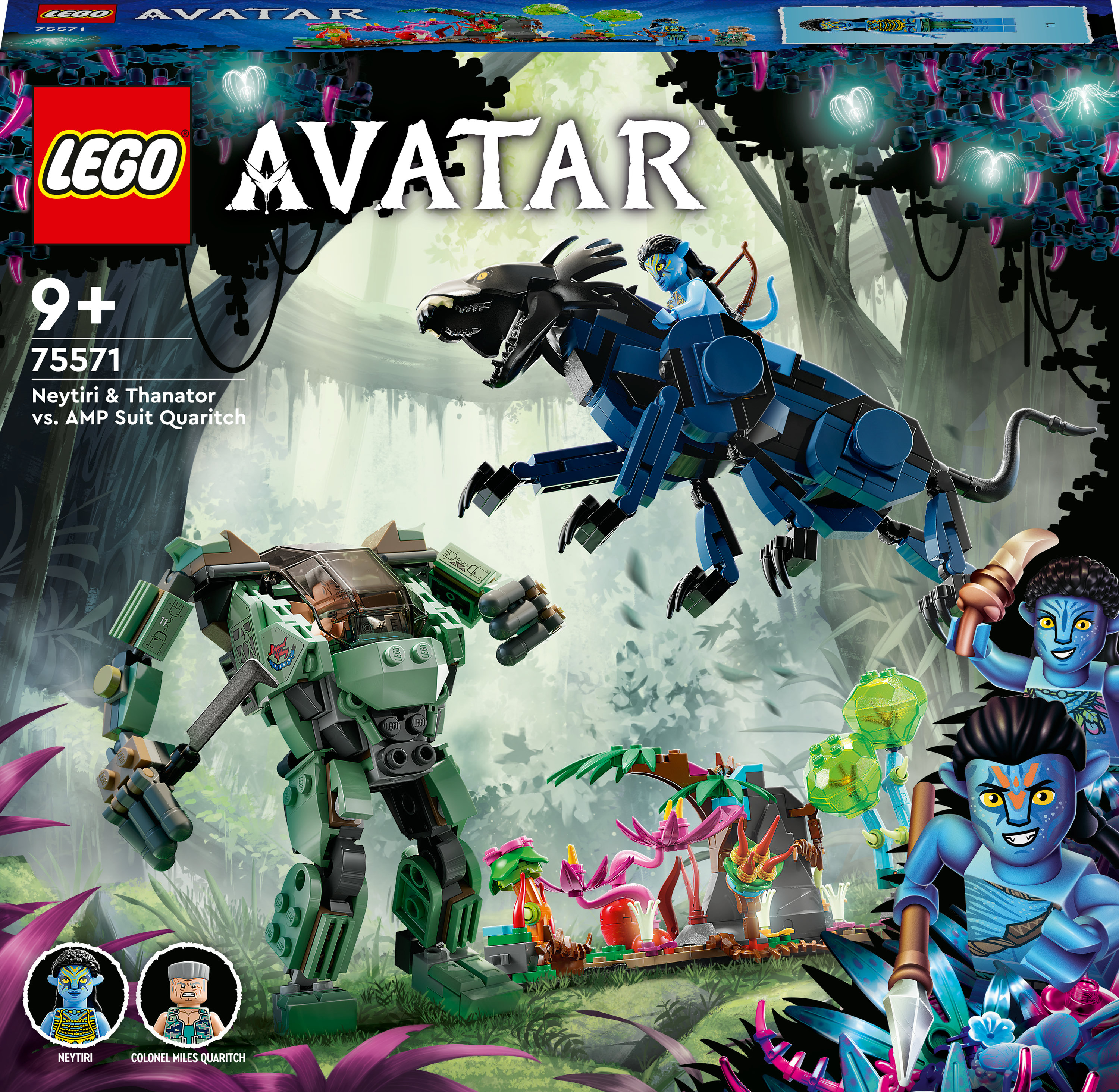 Set de Lego Avatar con una pantera negra y un mech luchando. Figuras azules y verdes, fondo de selva exuberante.