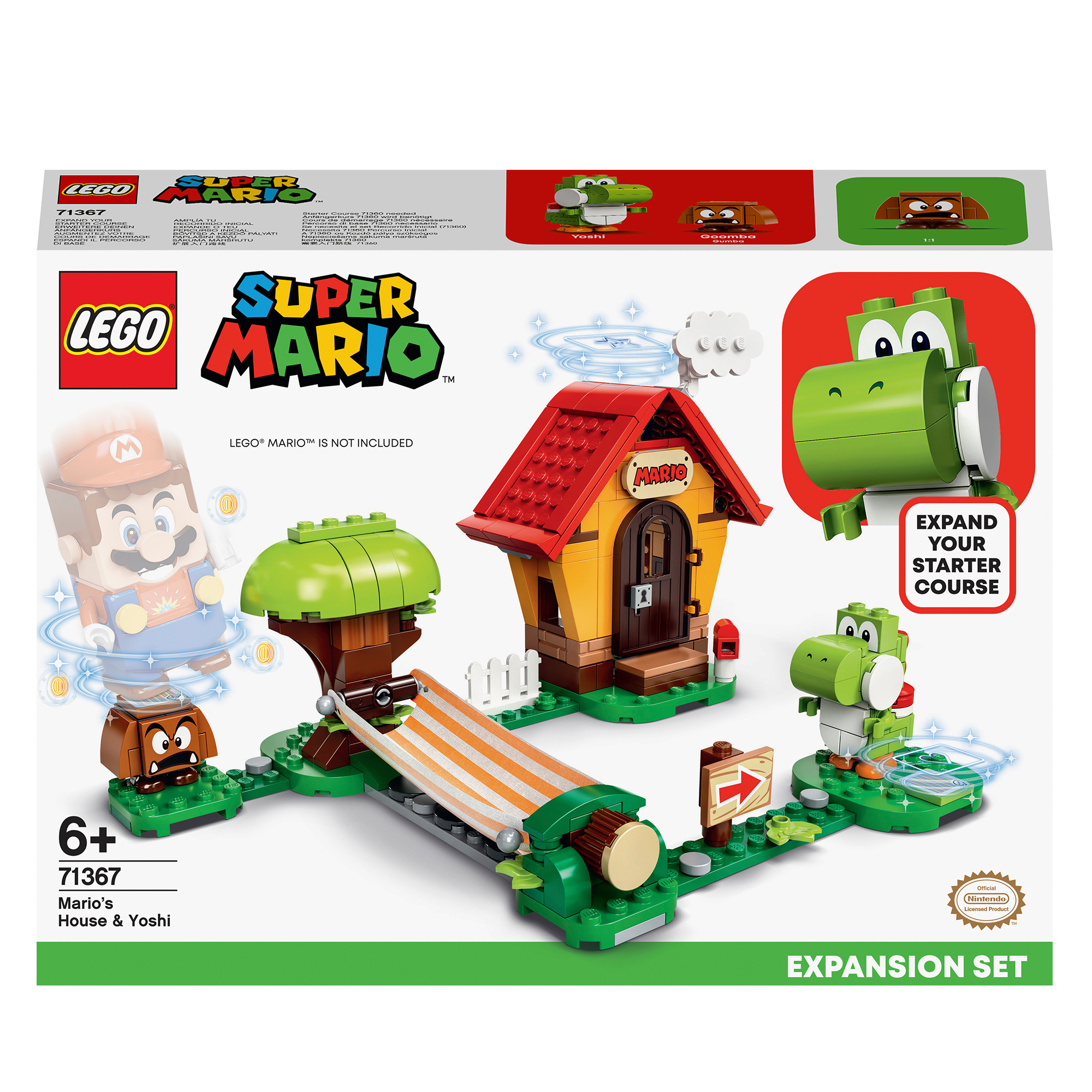 Caja del set LEGO Super Mario con la casa de Mario, un árbol y Yoshi. Base verde y casa roja.