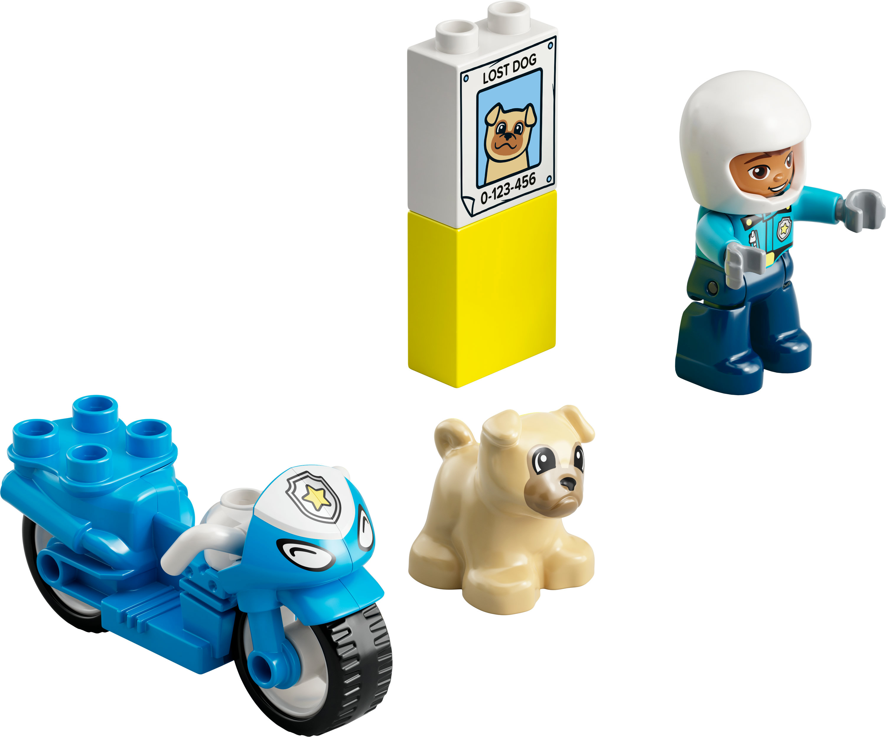 Lego Duplo set: een politieagent, een blauwe motor, een bord voor een verloren hond en een hond. Alles op een witte achtergrond.