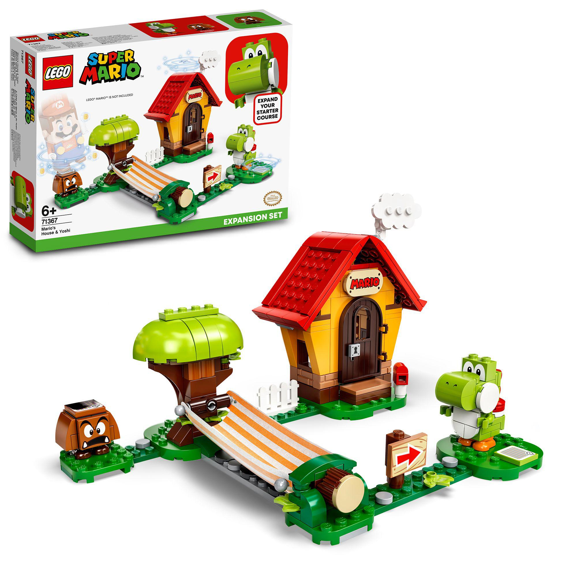 Una caja del set de expansión Lego Super Mario y un juego montado con figuras y estructuras.