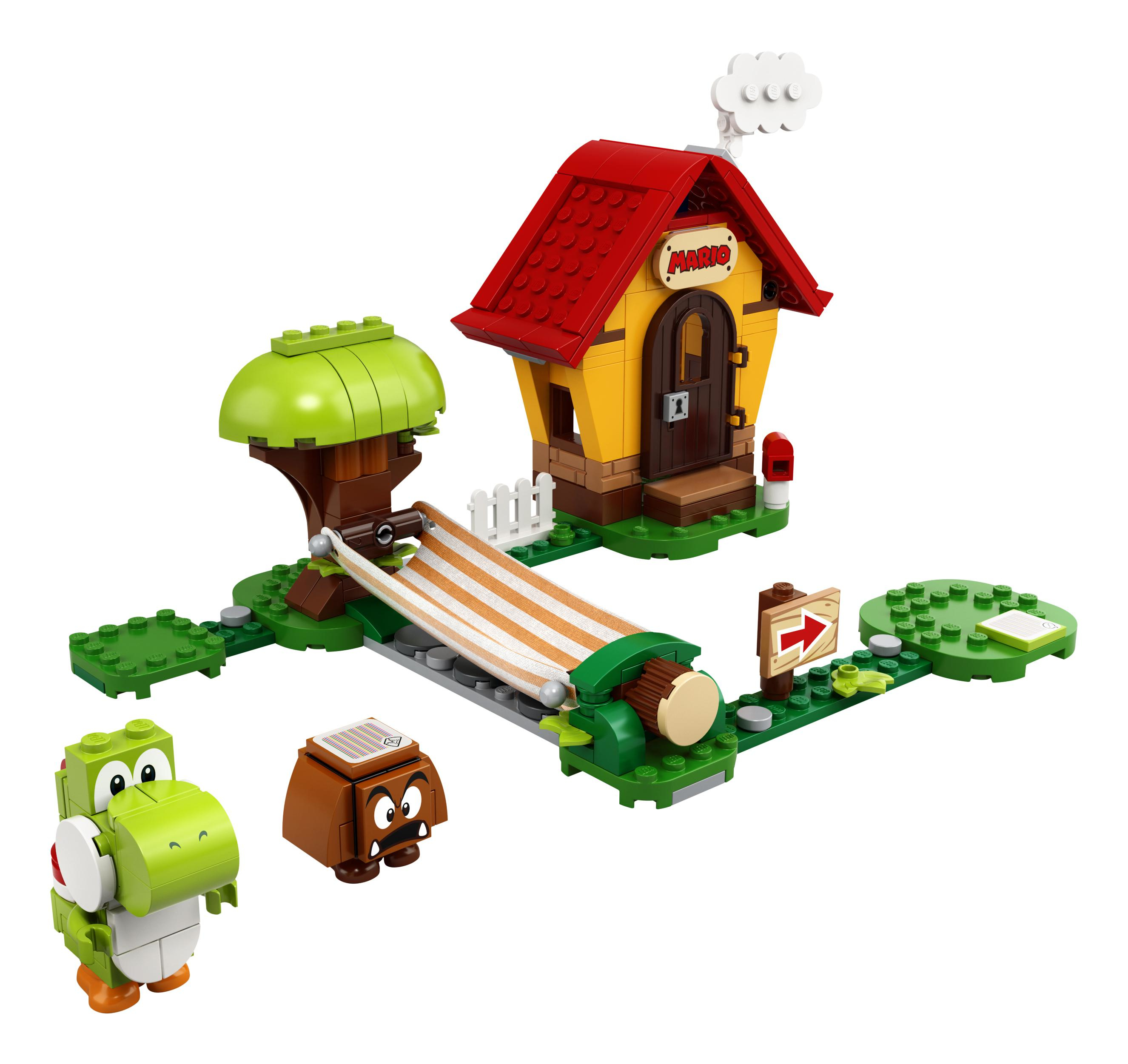 Set Lego Mario. Yoshi verde y una casa con techo rojo y una hamaca.
