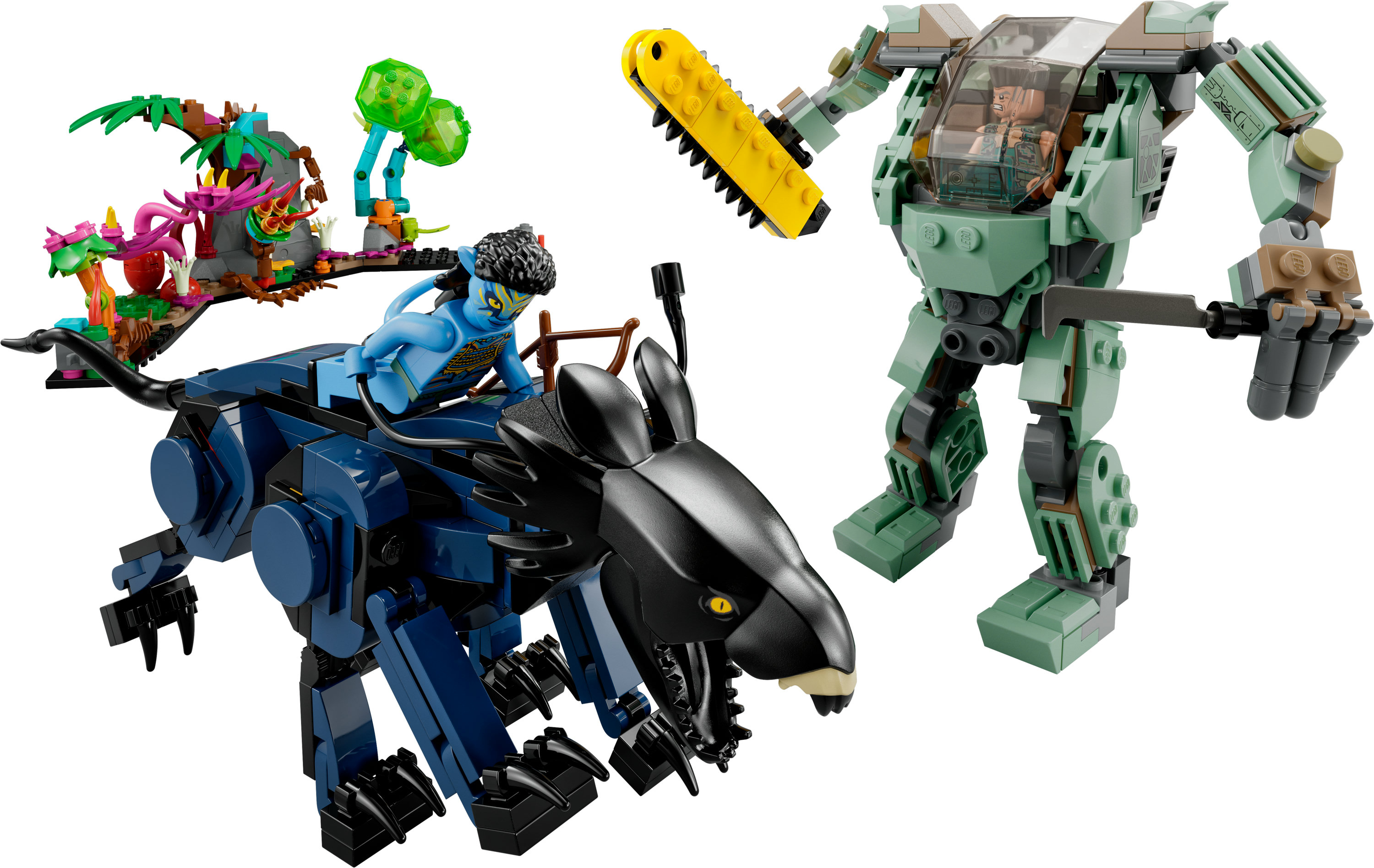 Set Lego Avatar: un Na'vi azul montando una pantera negra, un mech verde y una escena de jungla con plantas coloridas.