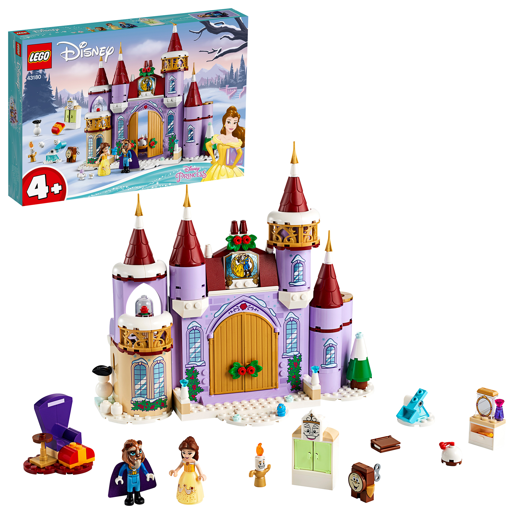 Lego Disney Set: Belles Schloss, Figuren und Zubehör. Die Box zeigt ein Schlossbild.