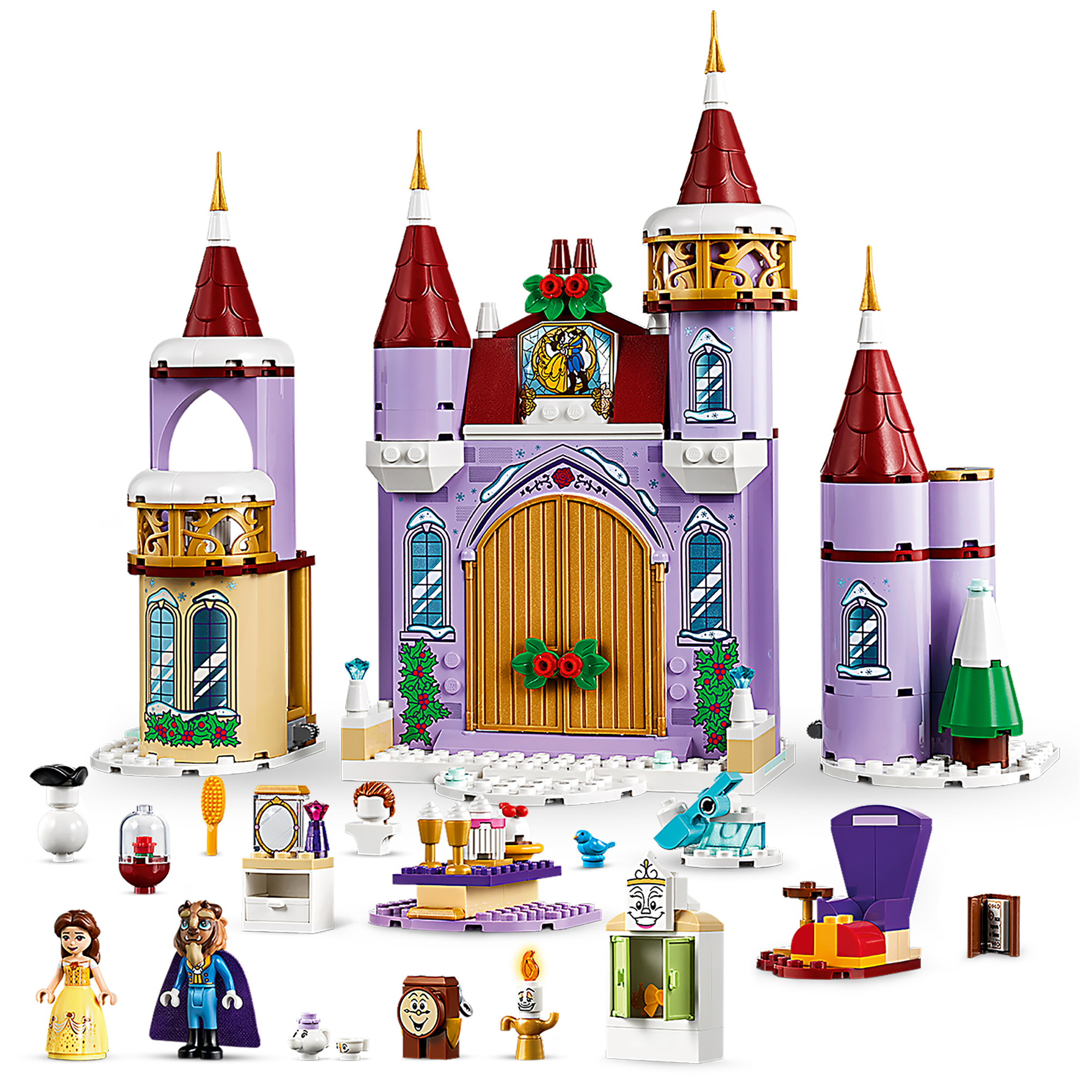 LEGO-Set eines lilafarbenen Schlosses mit Türmen und Disney-Figuren.