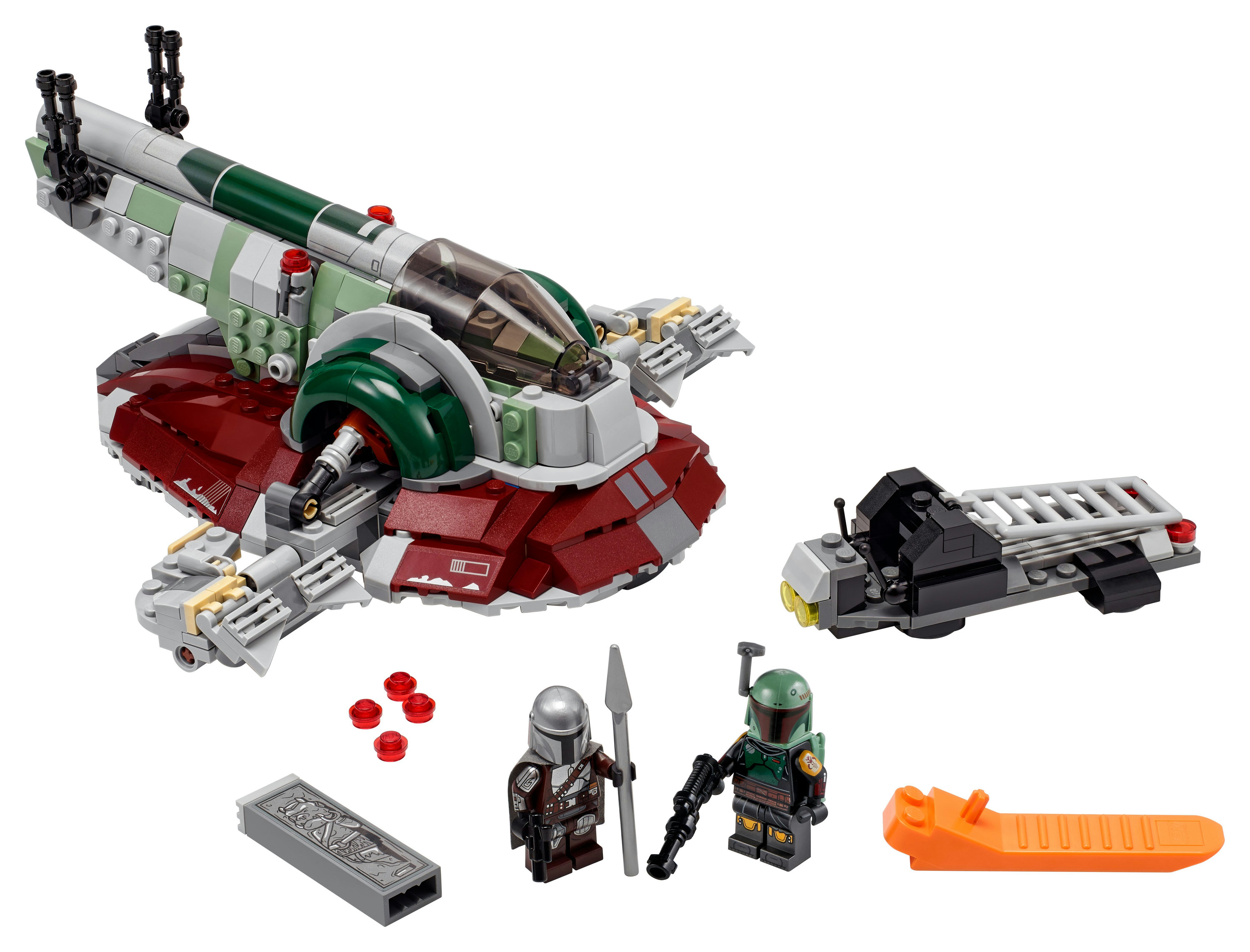 Zestaw Lego Star Wars Slave I. Statek z minifigurkami The Mandalorian, Boba Fett i trumną.