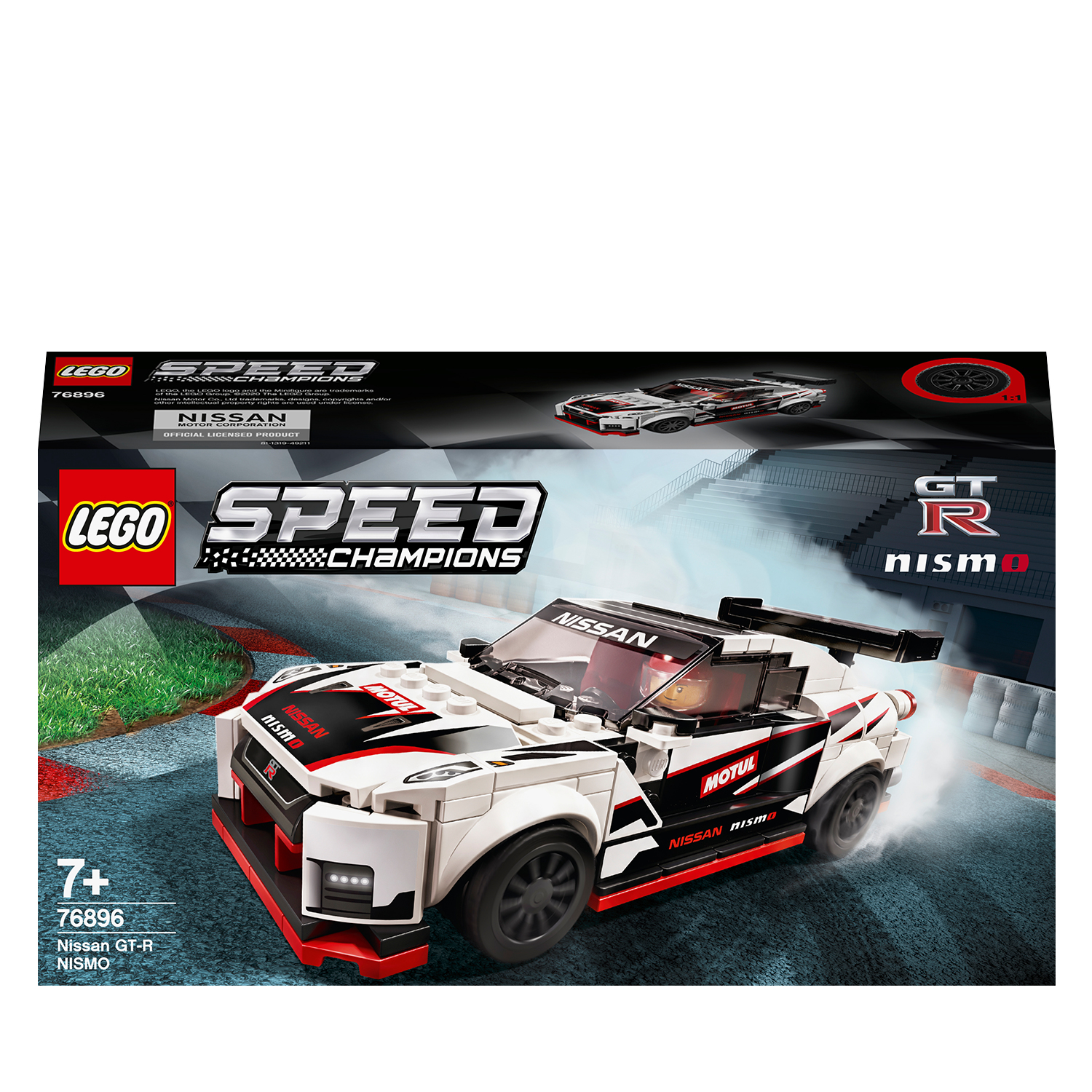 Scatola Lego Speed Champions, con un modello di auto da corsa Nissan GT-R Nismo su una pista.