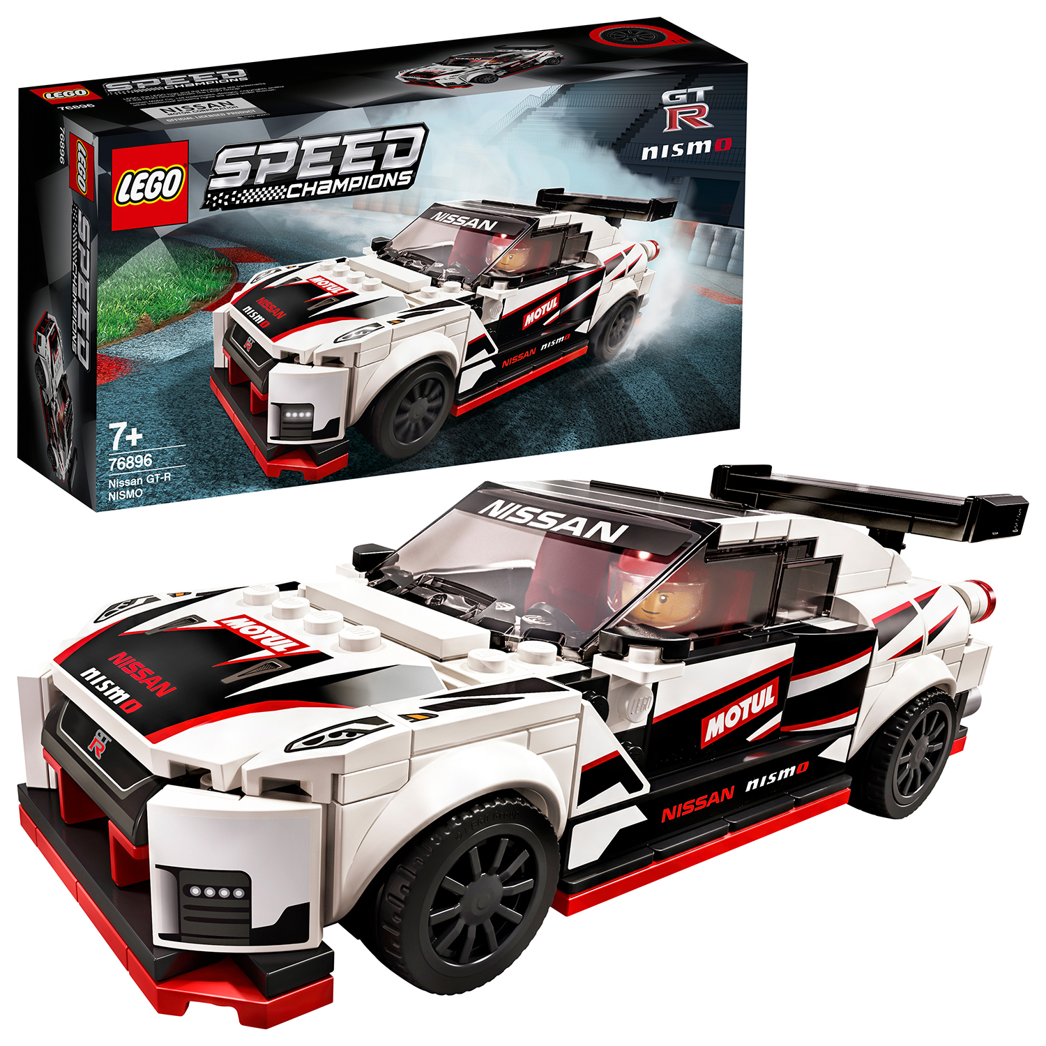 Set Lego Speed Champions: una Nissan GT-R Nismo bianca, rossa e nera con box art sullo sfondo.
