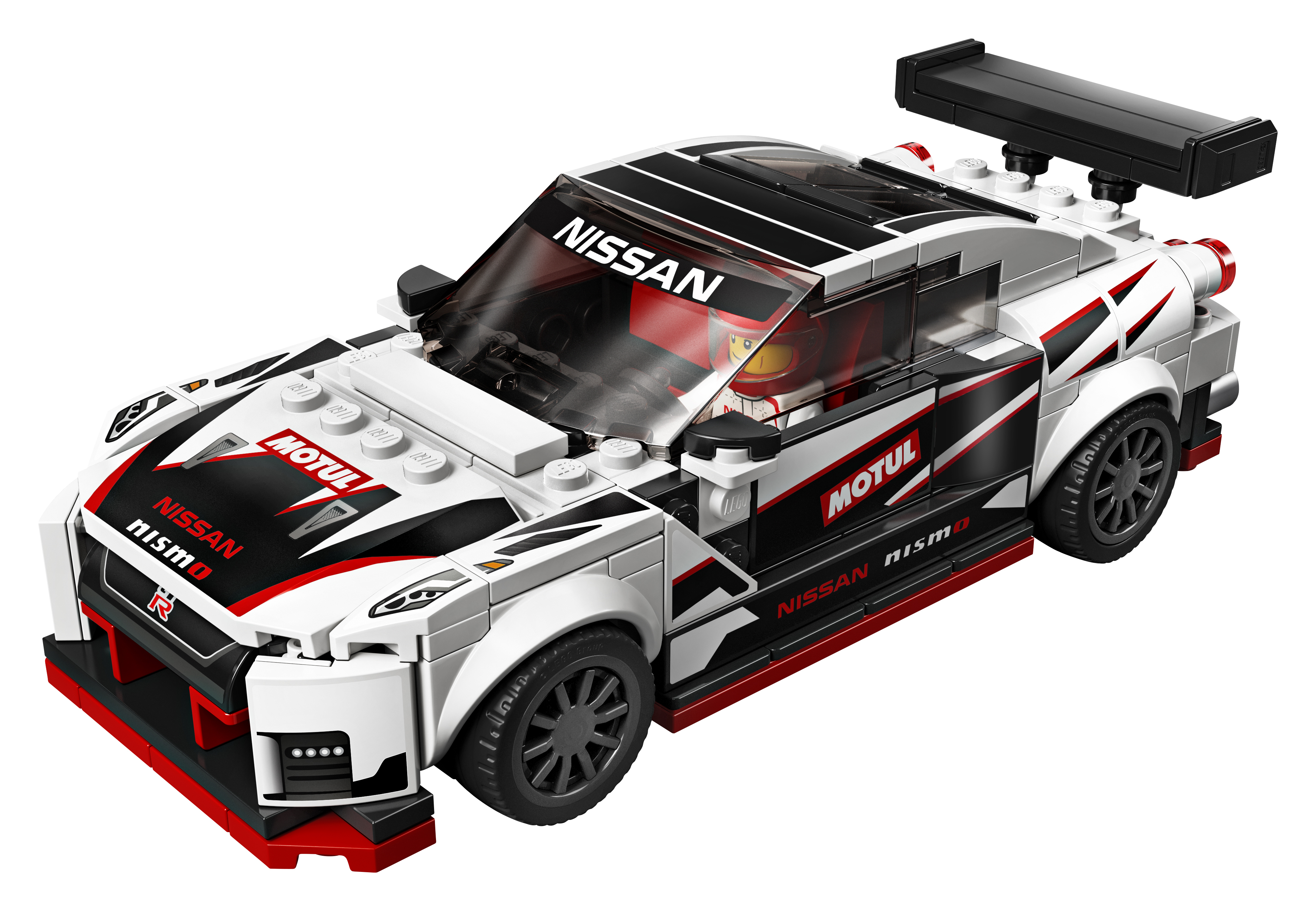 Set Lego Nissan da corsa. È bianco con dettagli neri e rossi. Presenta i loghi Nissan e Motul.