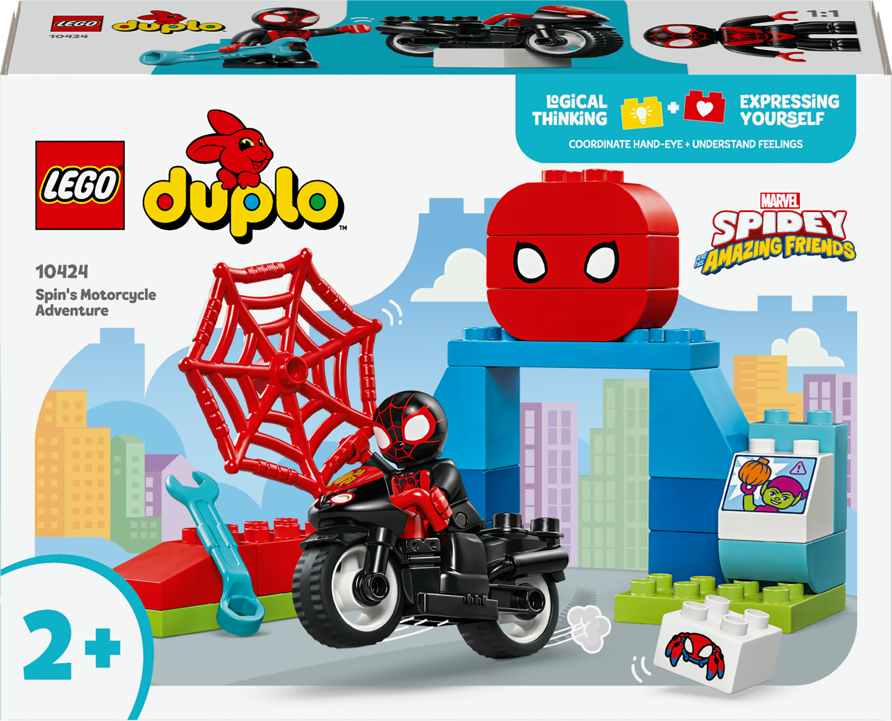 Zestaw Lego Duplo z figurką Spider-Mana na motocyklu z pajęczyną, promujący kreatywną zabawę.