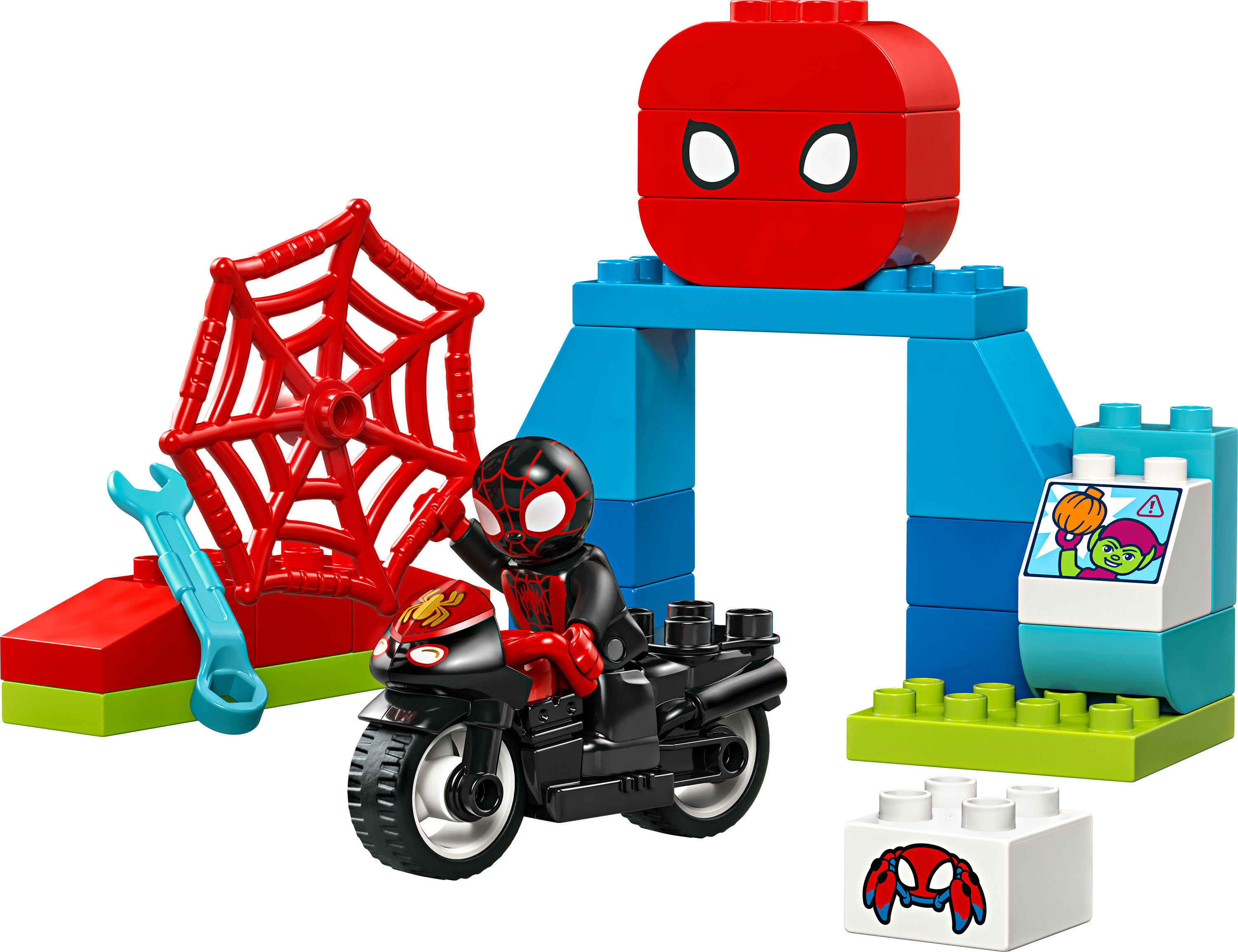 Zestaw Duplo z Spider-Manem na motocyklu, pajęczyną i łukiem z klocków.