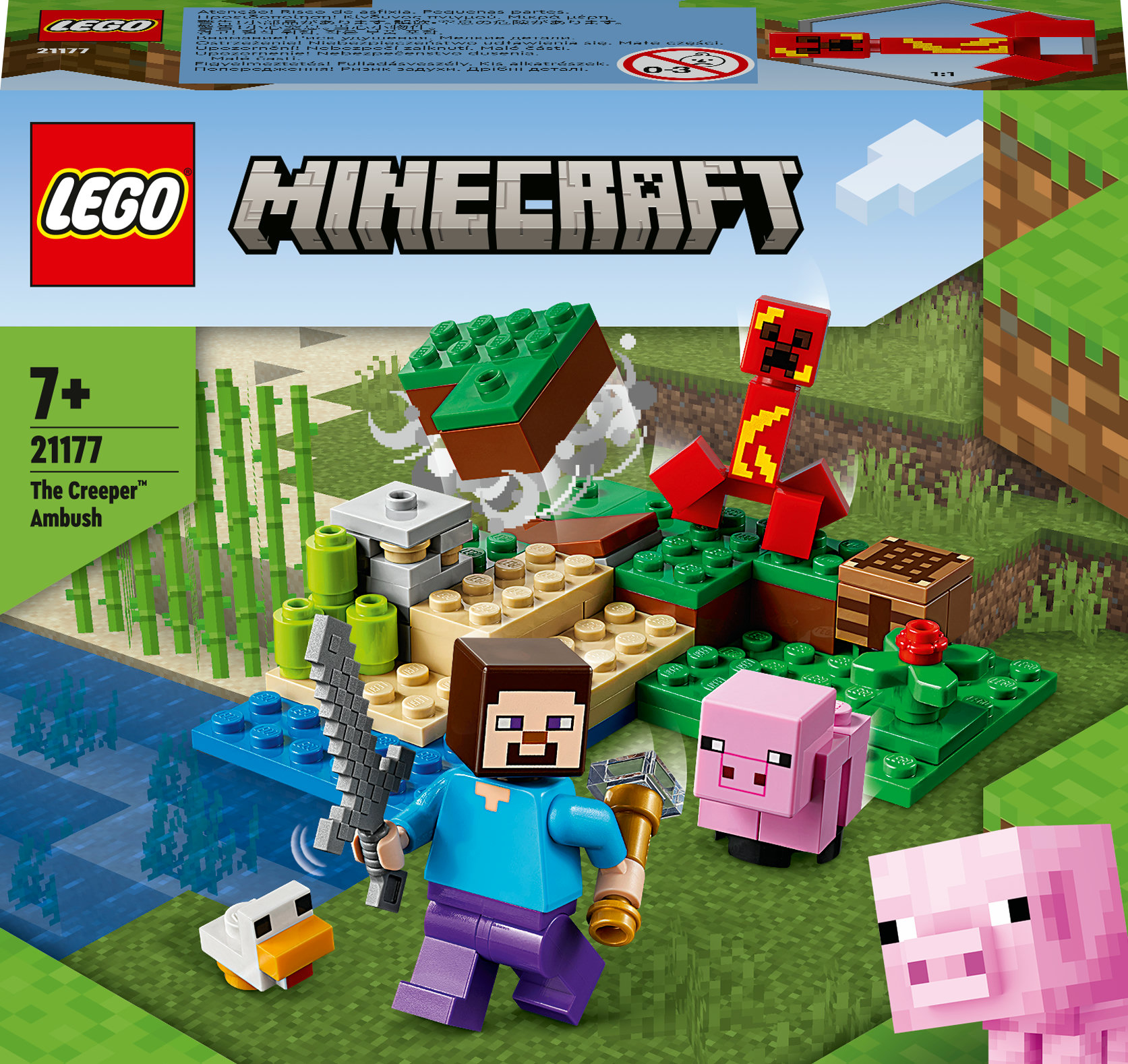 Set Lego Minecraft. Include Steve, un Creeper, un maiale e altri elementi di Minecraft su una scatola.