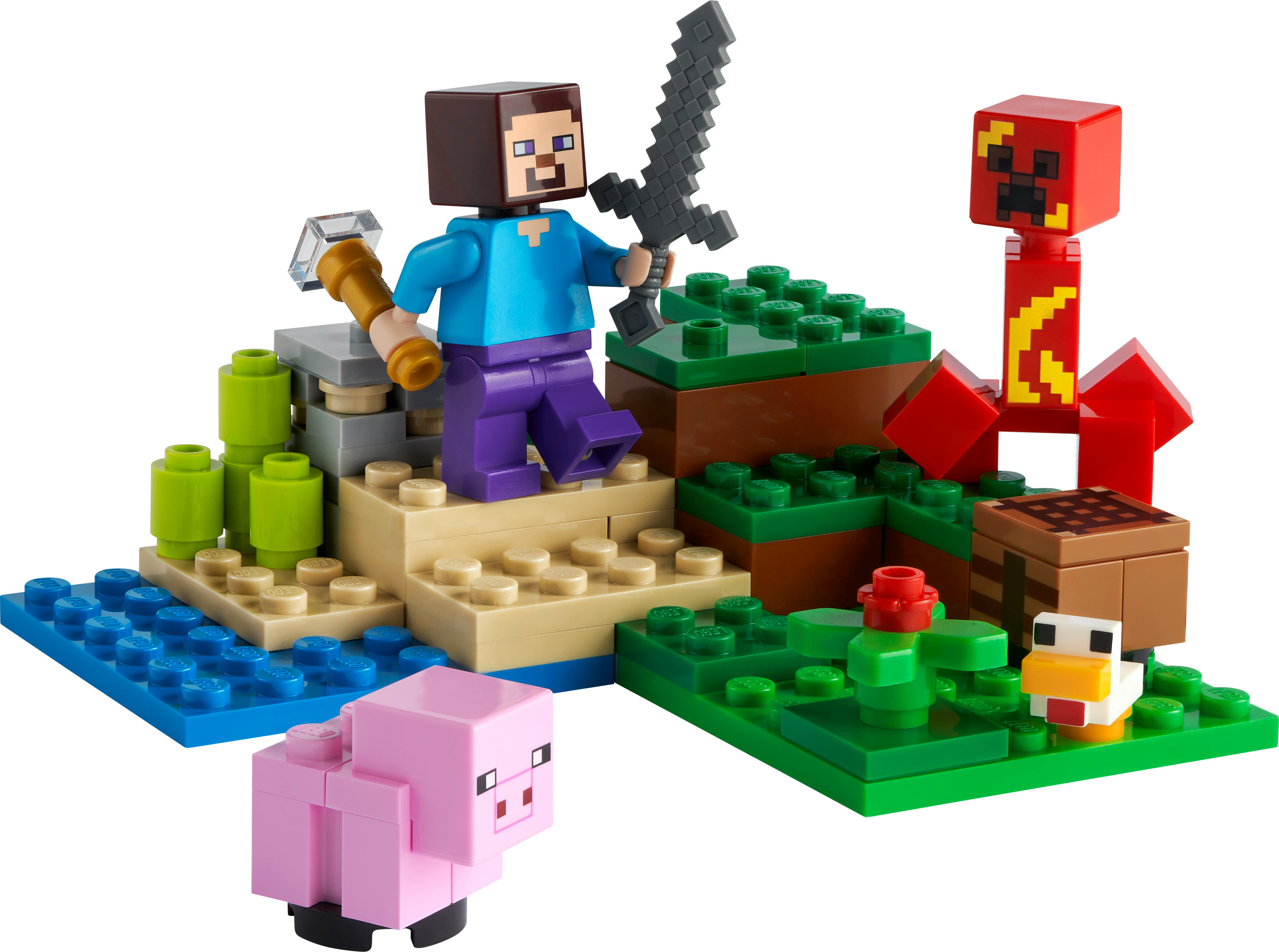 Una scena Lego Minecraft. Steve con una spada affronta un Creeper. Un maiale e un pollo.