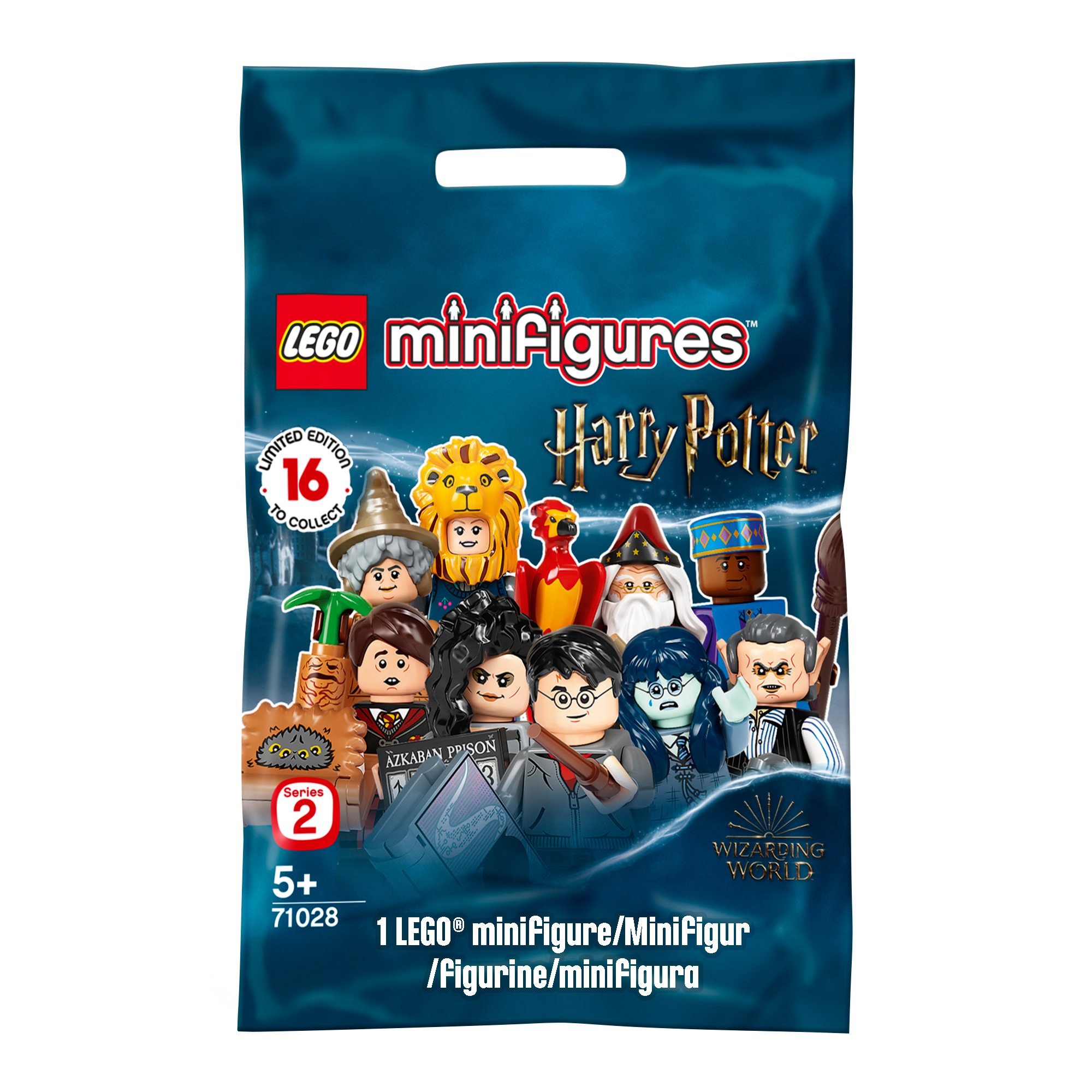 Eine LEGO Harry Potter Minifiguren-Tasche mit mehreren Charakteren und dem Harry Potter Logo.