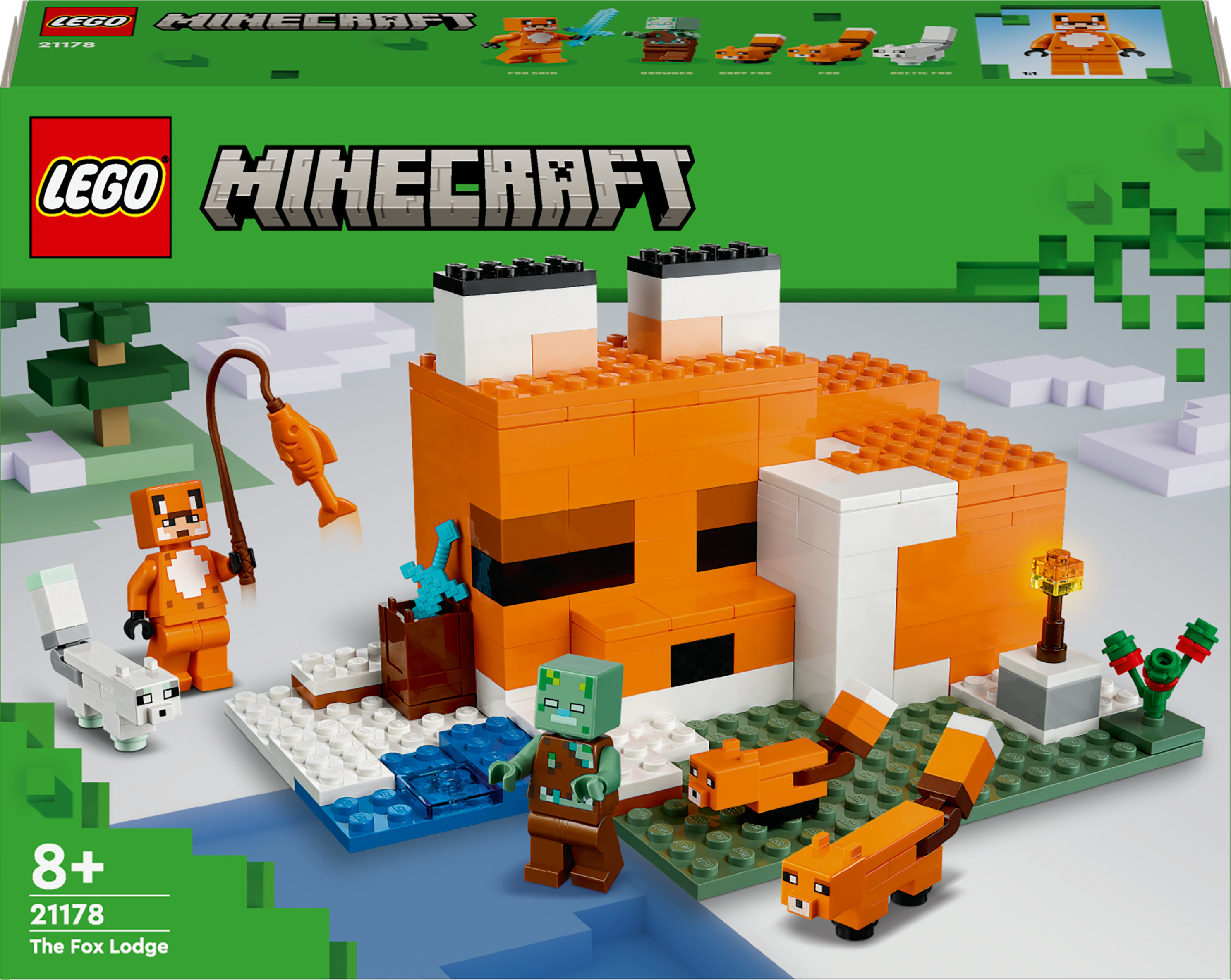 Caja del set LEGO Minecraft The Fox Lodge con varias figuras de zorro y un edificio.