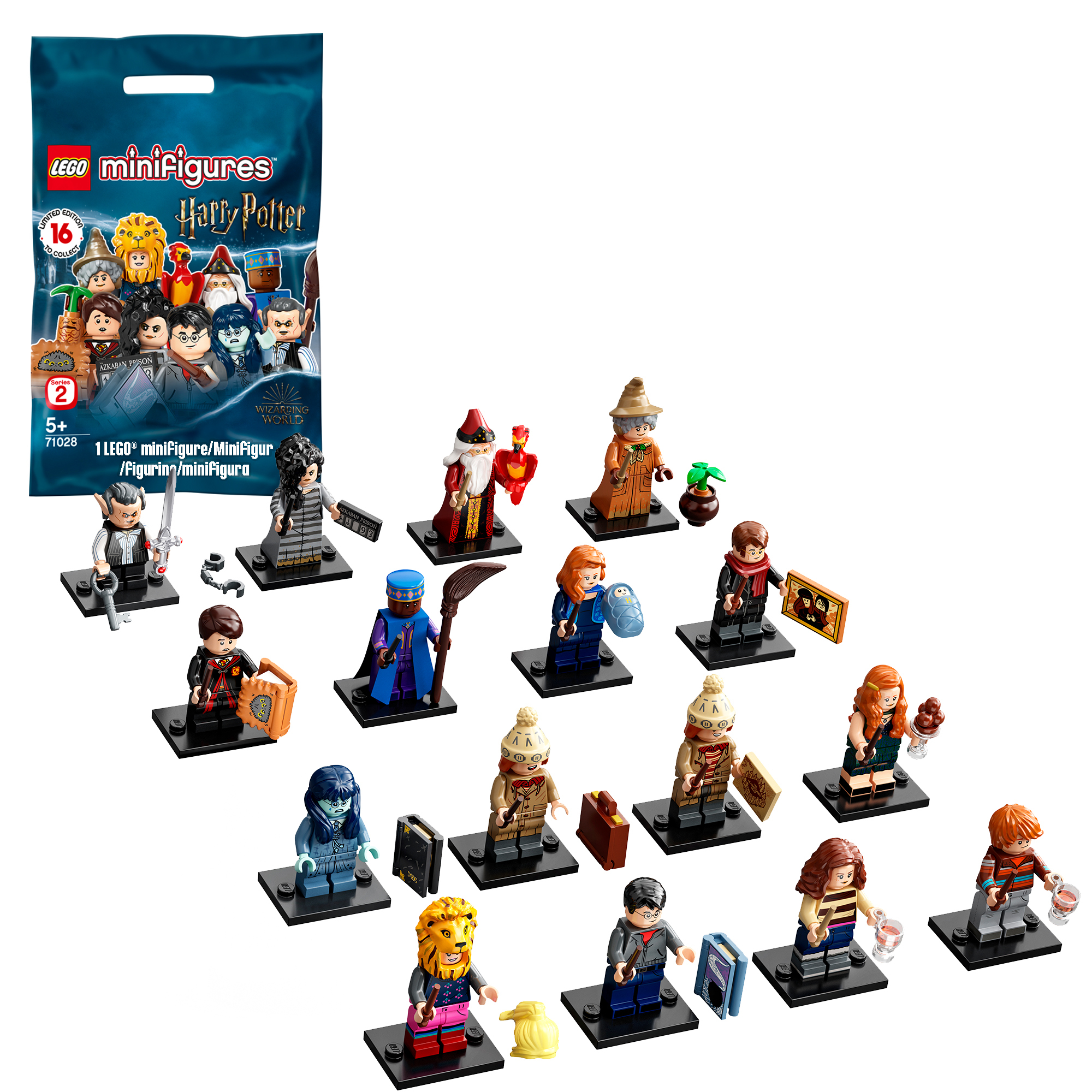 Eine Tüte LEGO Minifiguren Harry Potter mit verschiedenen Figuren von Charakteren aus der Serie.